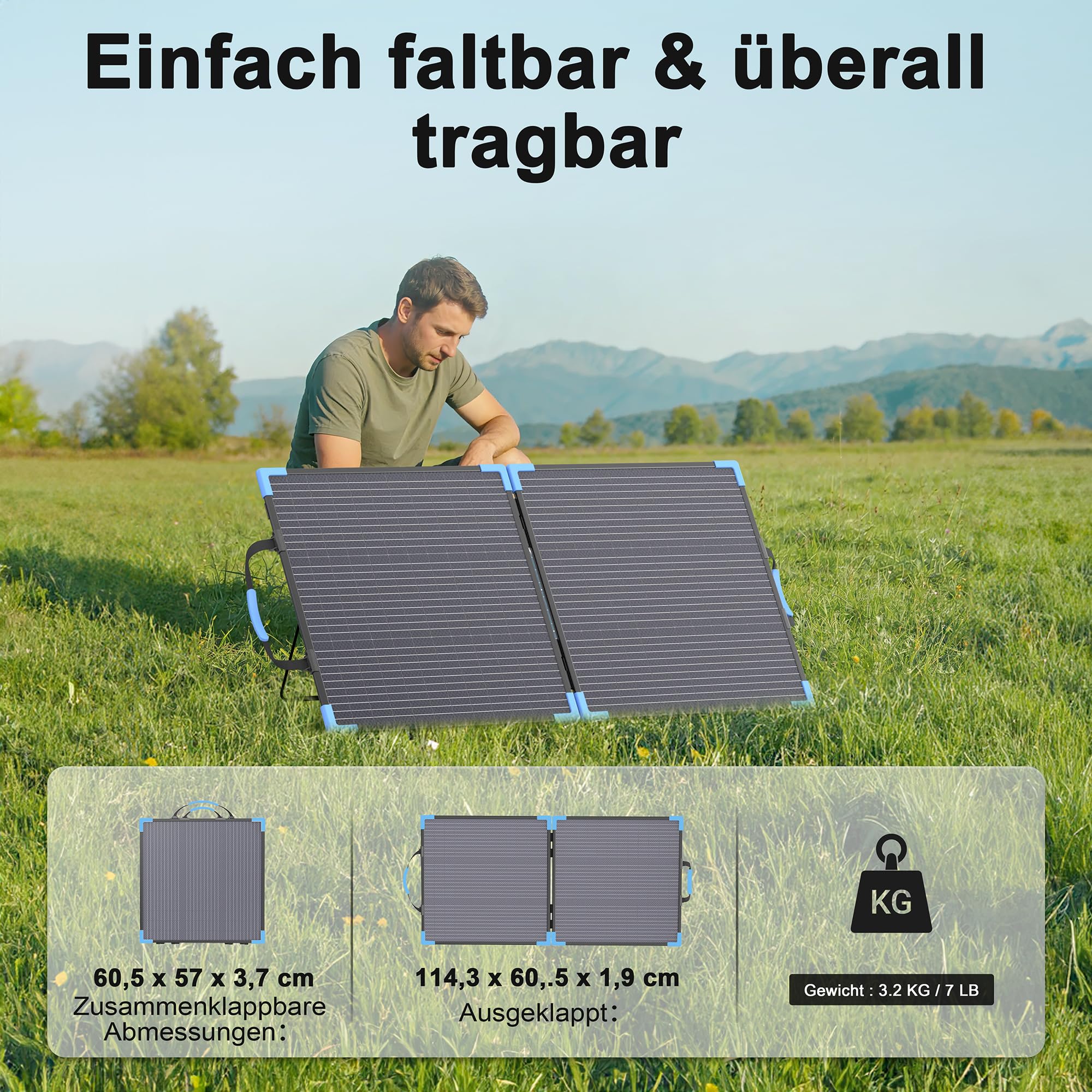 110W Bifaziale Faltbares Solarpanel, 20V Monokristallines Solarpanel | 25% Wirkungsgrad Tragbares Solar panel, IP68 Wasserdicht mit MC4-Ausgangskabel und Ständer für Powerstation, Camping