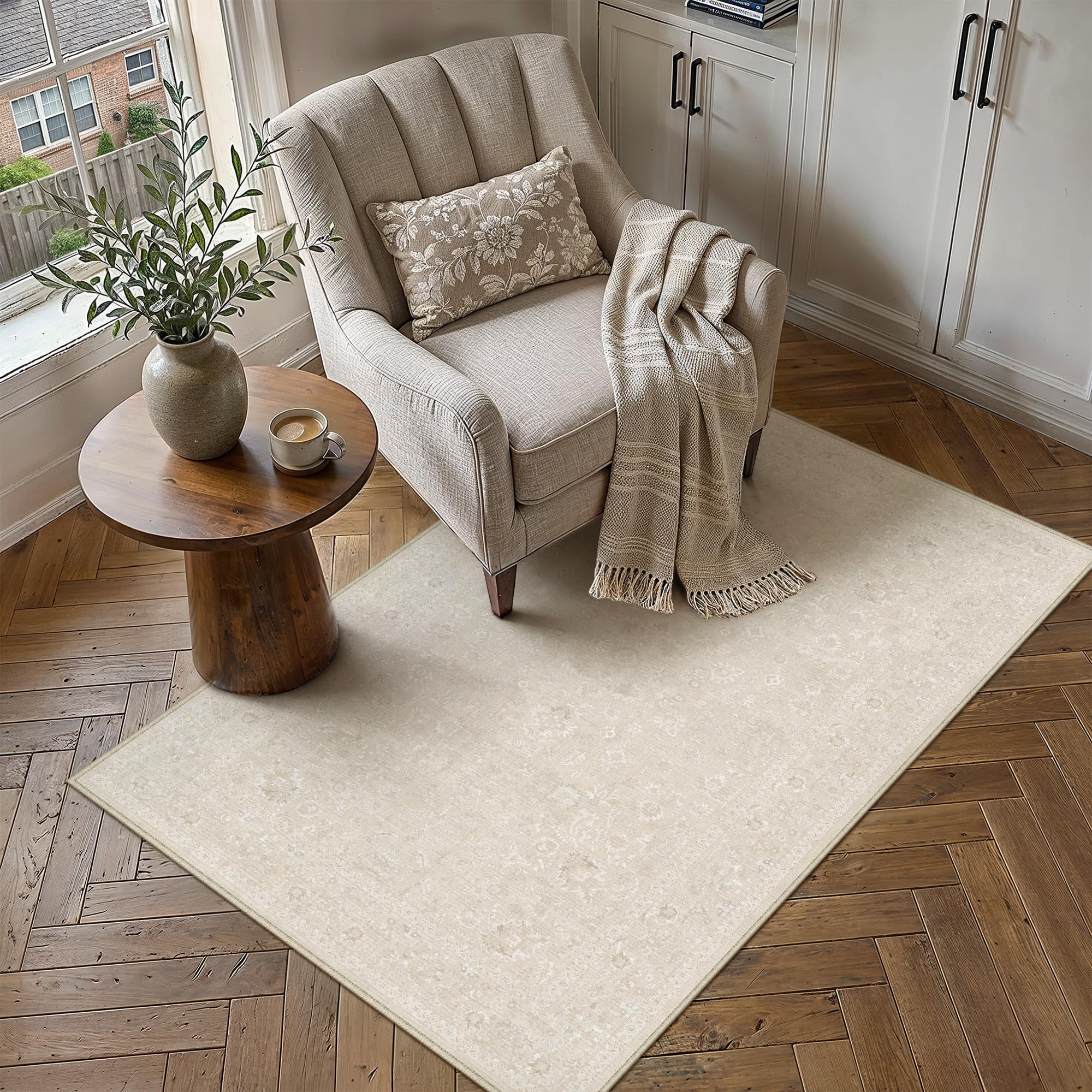 PureCozy 3x5 Beige Area Rug Washable Non Slip Vintage Carpet Living Room