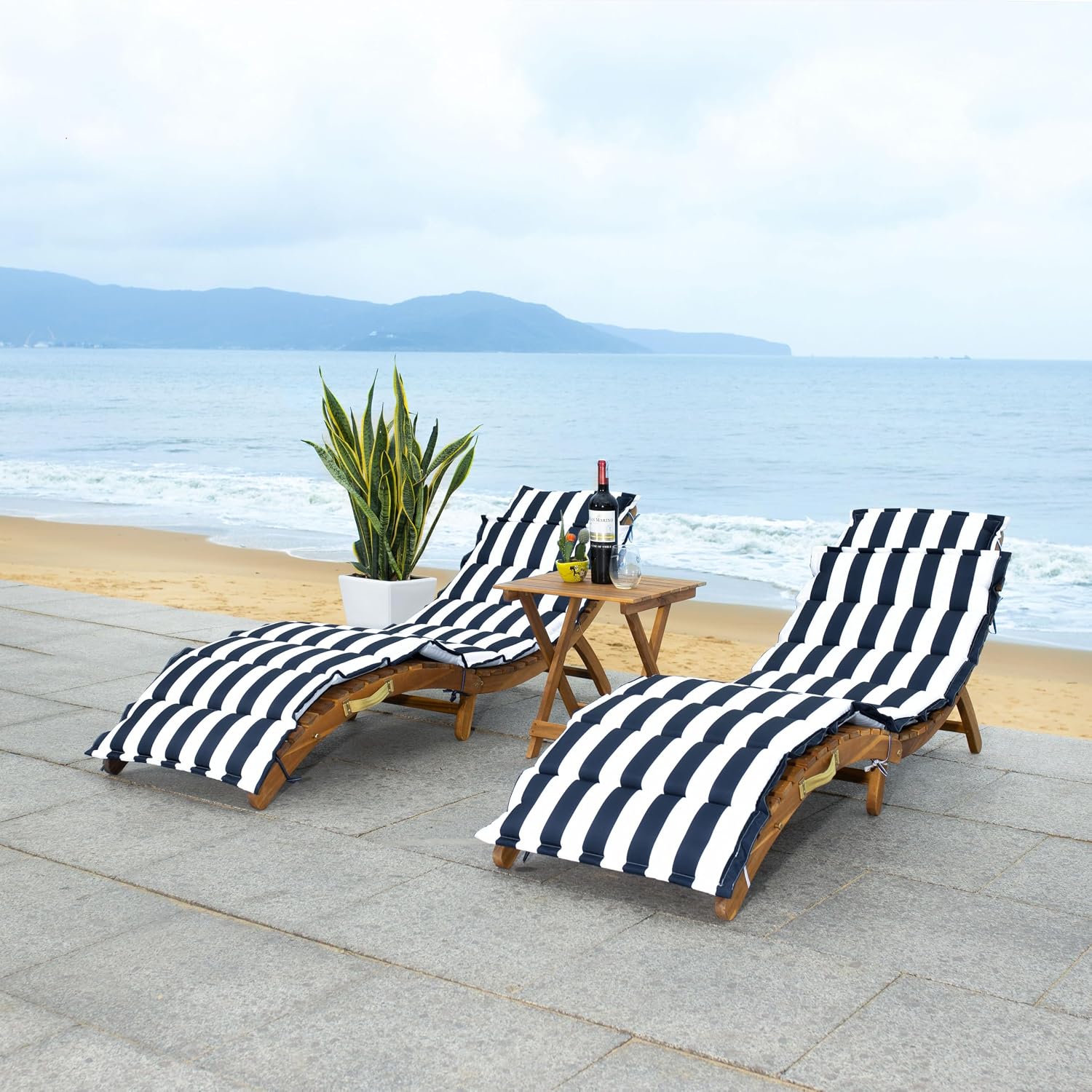 SAFAVIEH Outdoor Collection Pacifica Natural Brown Solid Wood/Navy & White Stripe Cushion 3-Piece Chaise Lounge Set with Table (PAT7020F)