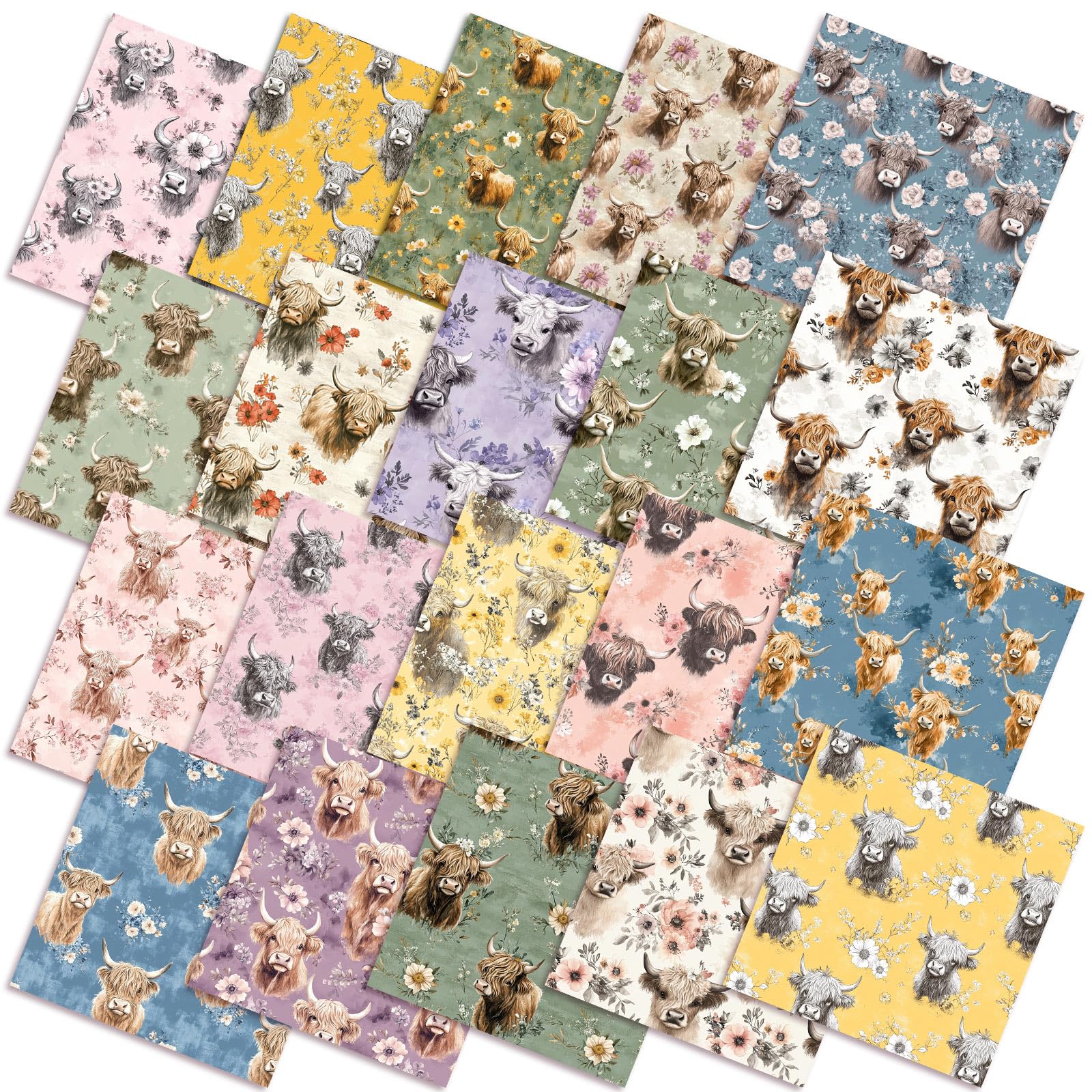 Ganeen 60 Pcs 10 x 10 Inch Western Highland Cow Quilting Fabric Squares