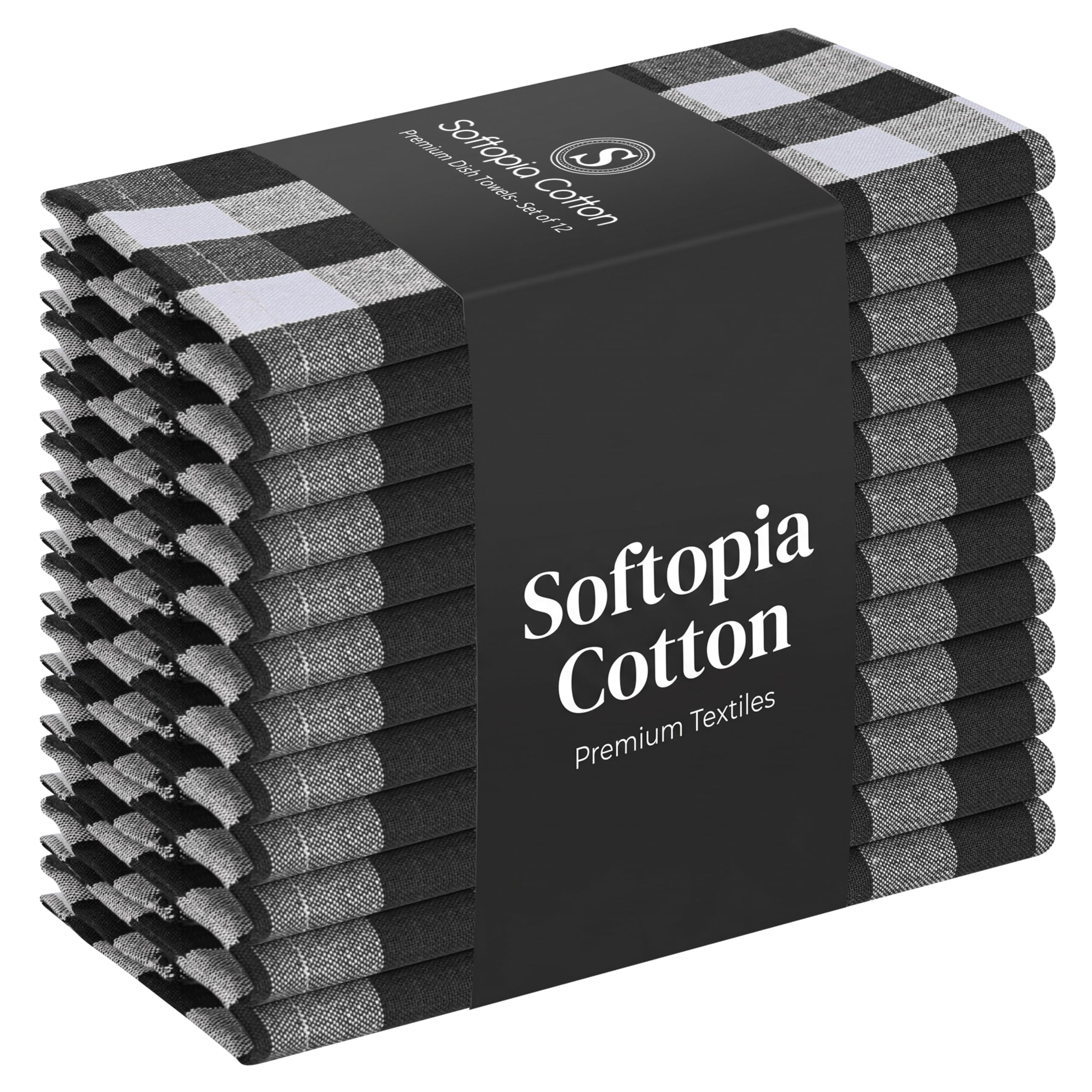 Gingham Checked Dish Towels 12 Pack, 18x26 Inches, Quick Dry Towels for Kitchen, Reusable, Absorbent Wash Cloths Set, Washable Fabric, Heavy Duty for Daily Use - Black and White