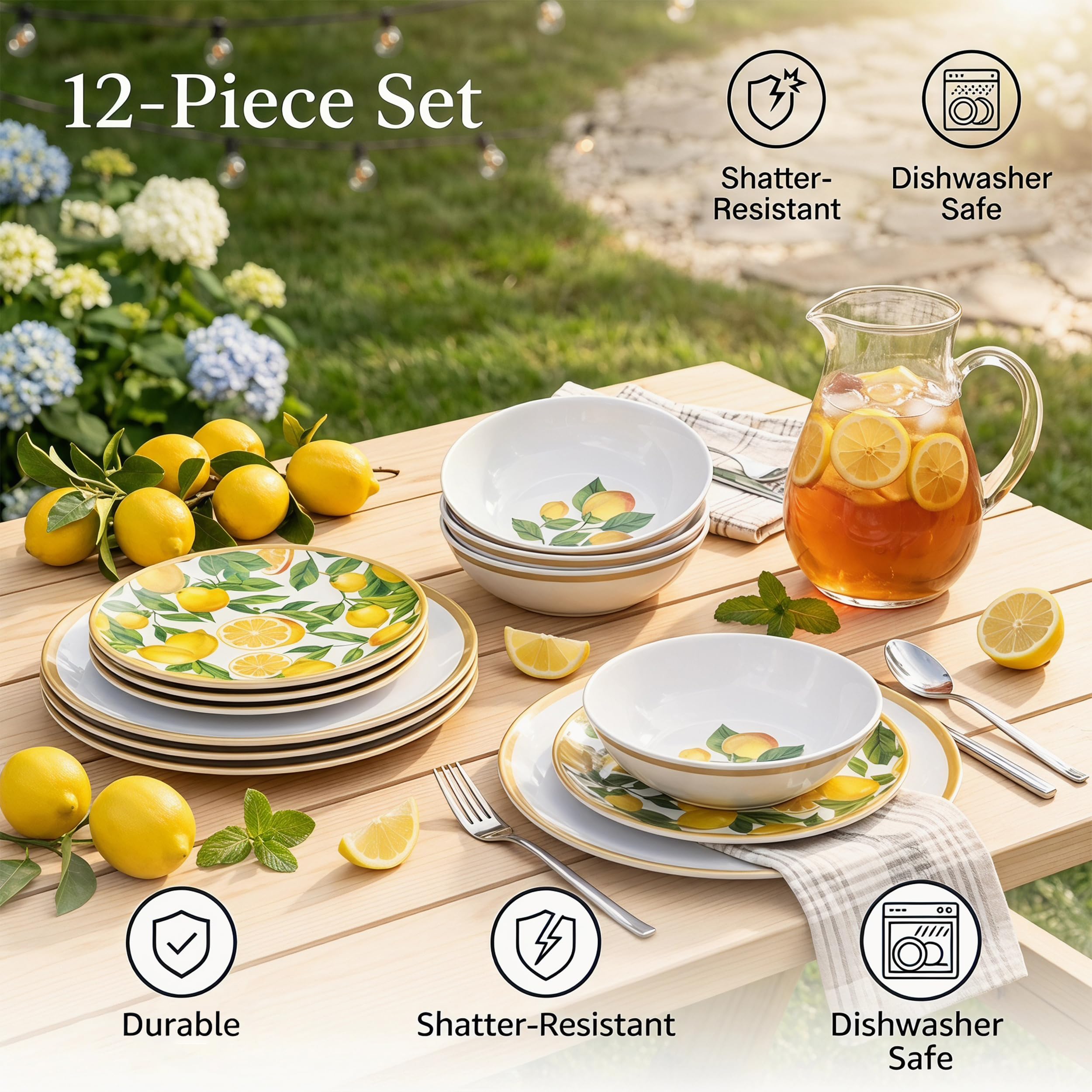 Melamin-Geschirr-Set, 12-teilig für 4 Personen, Zitronen-Design, BPA-frei, für drinnen und draußen