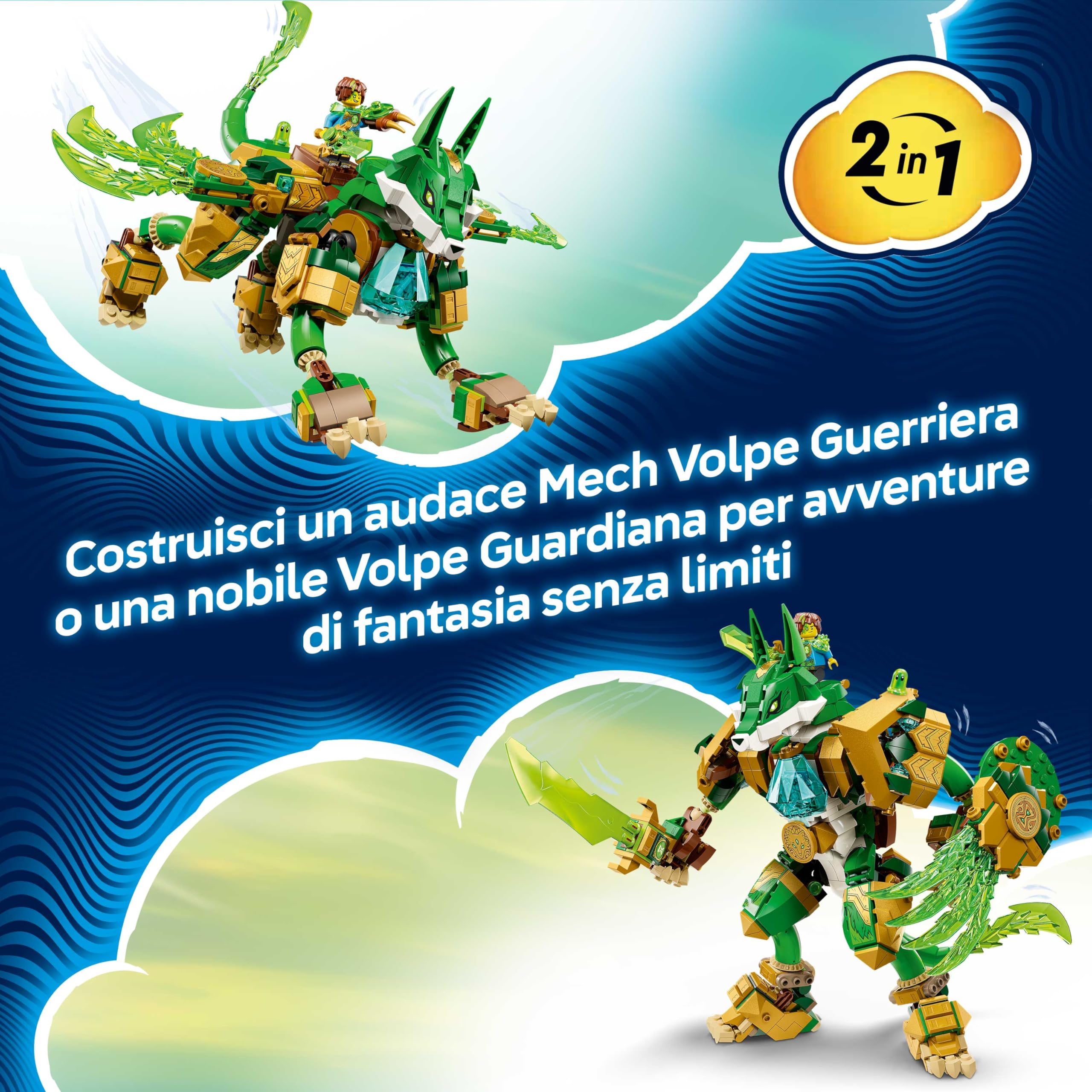 LEGO DREAMZzz 2in1 Mech Volpe Guardiana - Action Figure Giocattolo Trasformabile in Volpe Guerriera - con 3 Minifigure e Creatura del Tesoro Verde da Collezione - Regalo per Bambini da 9 Anni - 71508