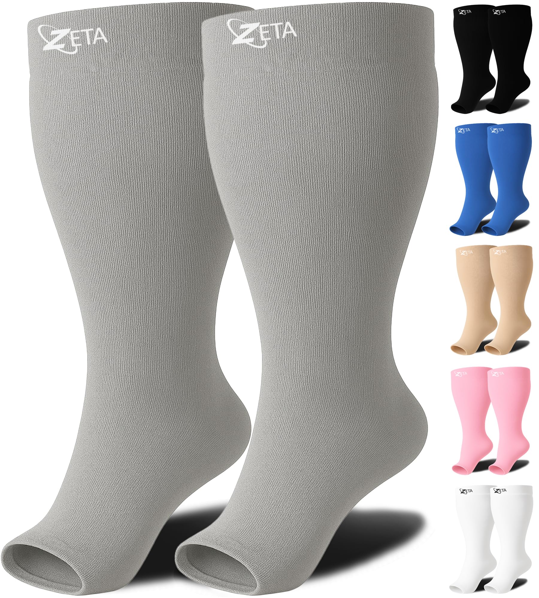 Zeta Wear Plus Size Compression Socks for Women and Men, Wide Calf Knee-High 15-19 mmHg Graduated Support, Easy-On Cuff, Fits Calves to 26 inch / 66 cm