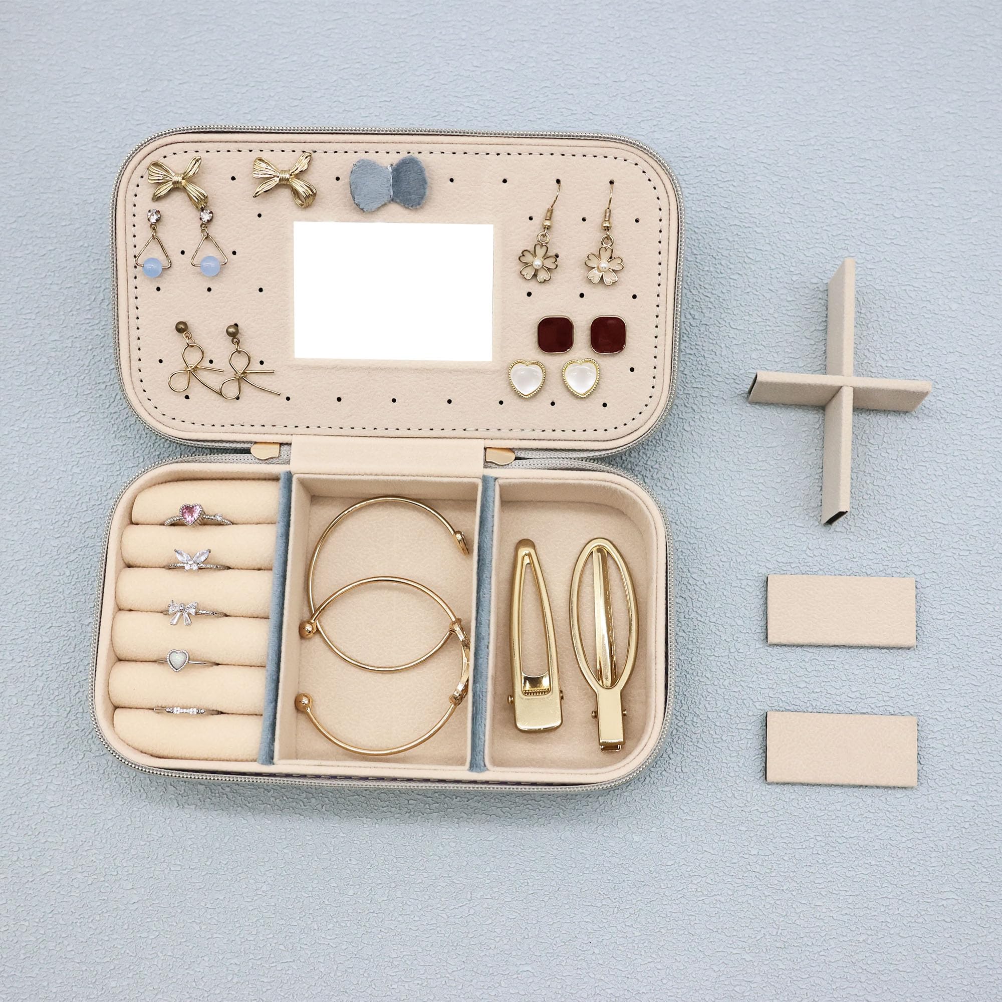 Boxudeli Porta gioielli da viaggio, portagioie piccolo in velluto con specchio per ragazze e donne, organizer portatile per riporre orecchini, anelli e collane (blu nebbia)