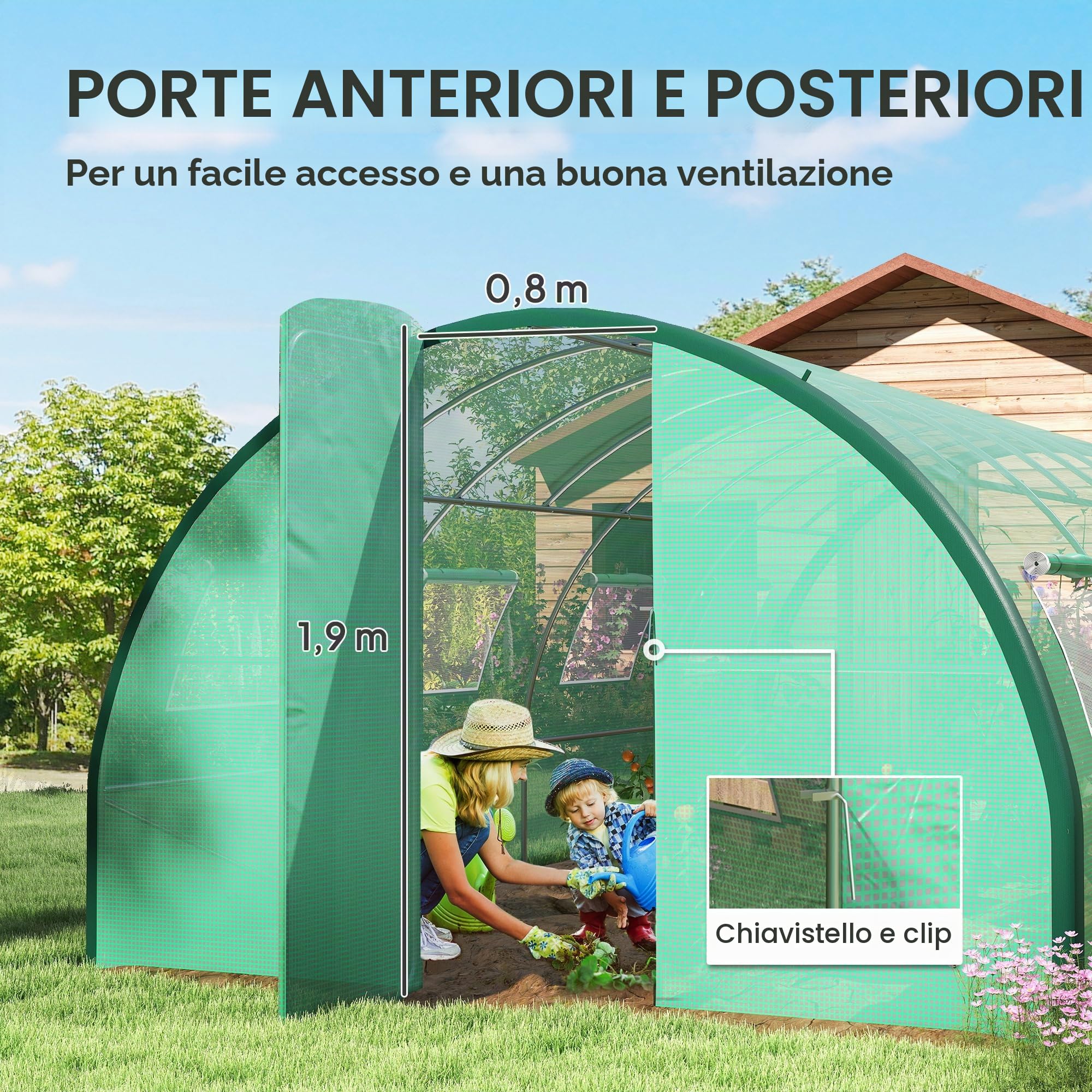 Serra a Tunnel Outsunny, Serra a Tunnel di 18 m², con 8 finestre e 2 Porte a Battente, Tessuto PE, Struttura in Ferro zincato, Verde
