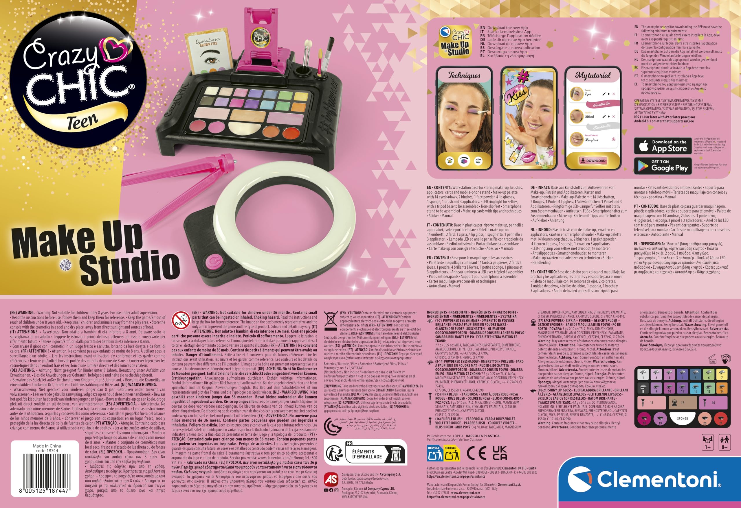 Clementoni Crazy Chic - Make-up Studio, Trousse Trucco Lavabile per Bambine di 8+ Anni, Set Completo con Cosmetici e Pennelli Professionali, Gioco Creativo e Idea Regalo, 18744