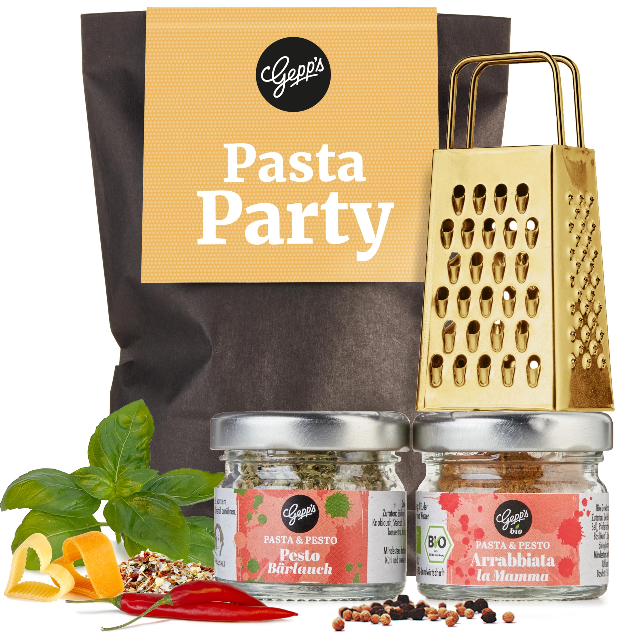 Gepp's Feinkost Wundertüte Pasta I Geschenkset mit Pastagewürz, Bärlauchpesto & Parmesanreibe I Geschenkkorb mit italienischen Spezialitäten, nach eigener Rezeptur