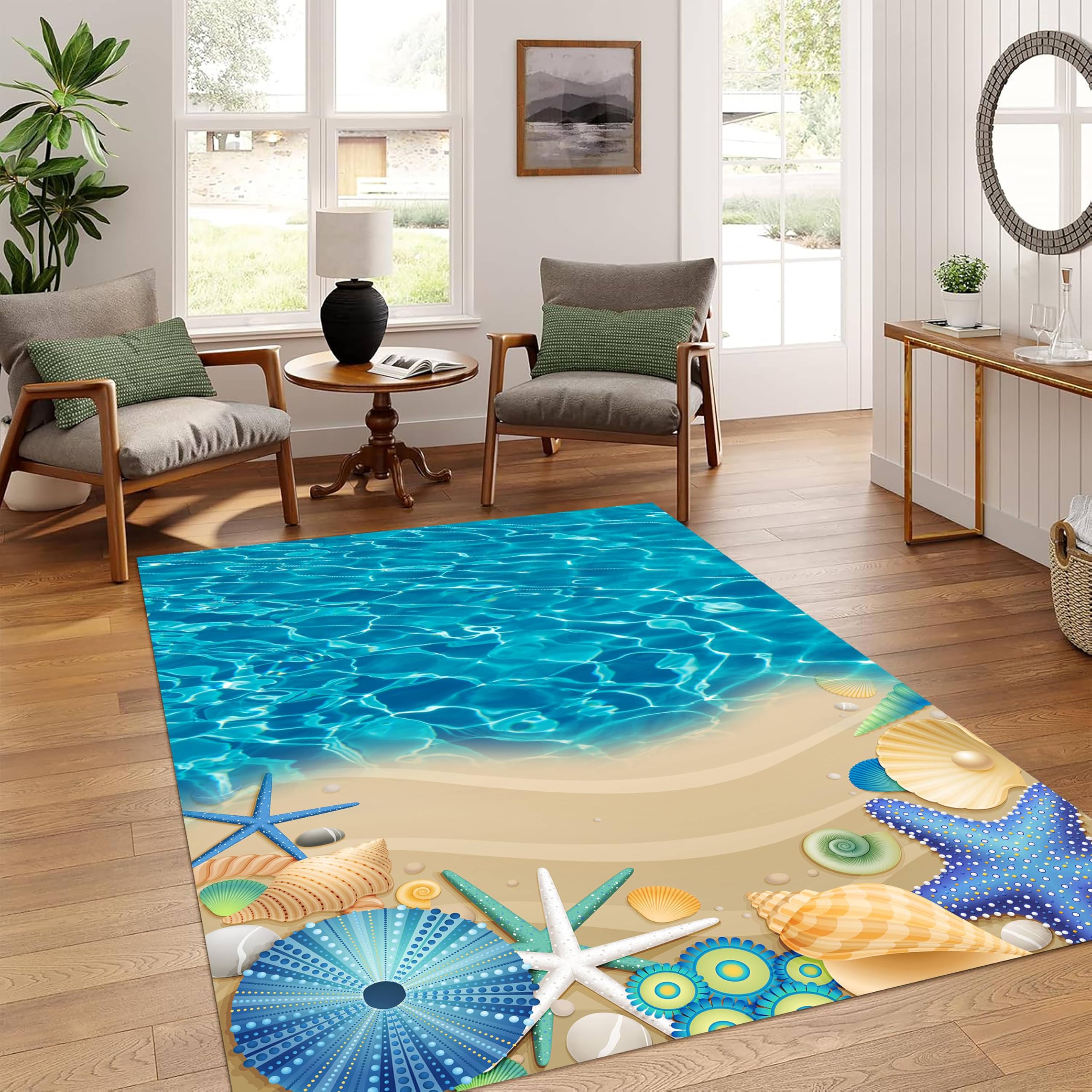 YJDRUG Coastal Starfish Print Rug 140x200cm, Blue Tropical Beach Design, Non-Slip Washable Soft Carpet for Living Room, Bedroom & Hallway - Modern Ocean Theme Home Decor