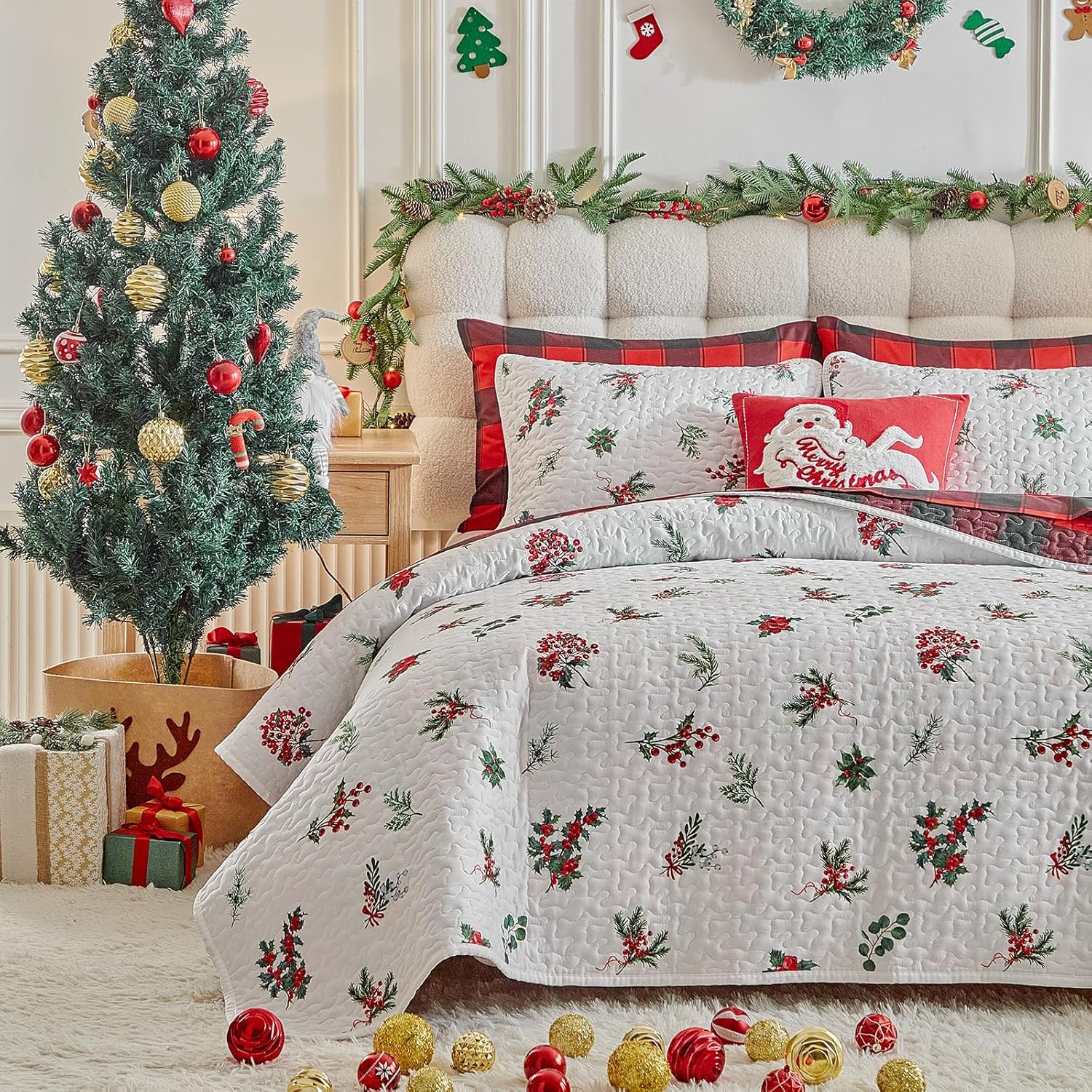 Christmas Quilt Set Twin Size 68x86 - White Holly Berry Green Leaves with Red White Plaid - Xmas New Year Gingham Style Microfiber Winter Bedding Coverlet Thanksgiving Holiday Bedspread