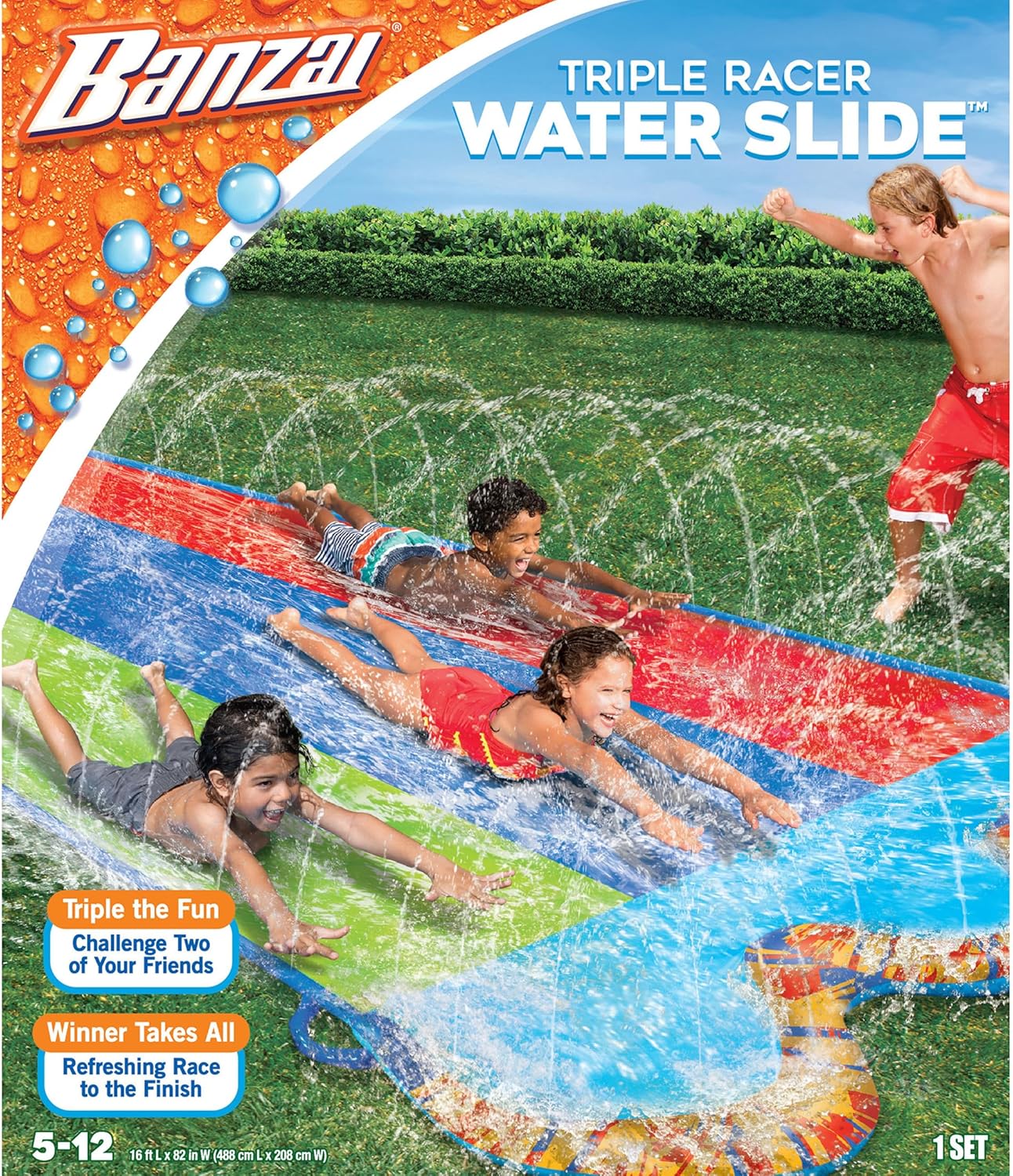 BANZAI Triple Racer Water Slide, Length: 16 ft, Width: 82 in, Inflatable Outdoor Backyard Water Slide Splash Toy Large Triper Racer