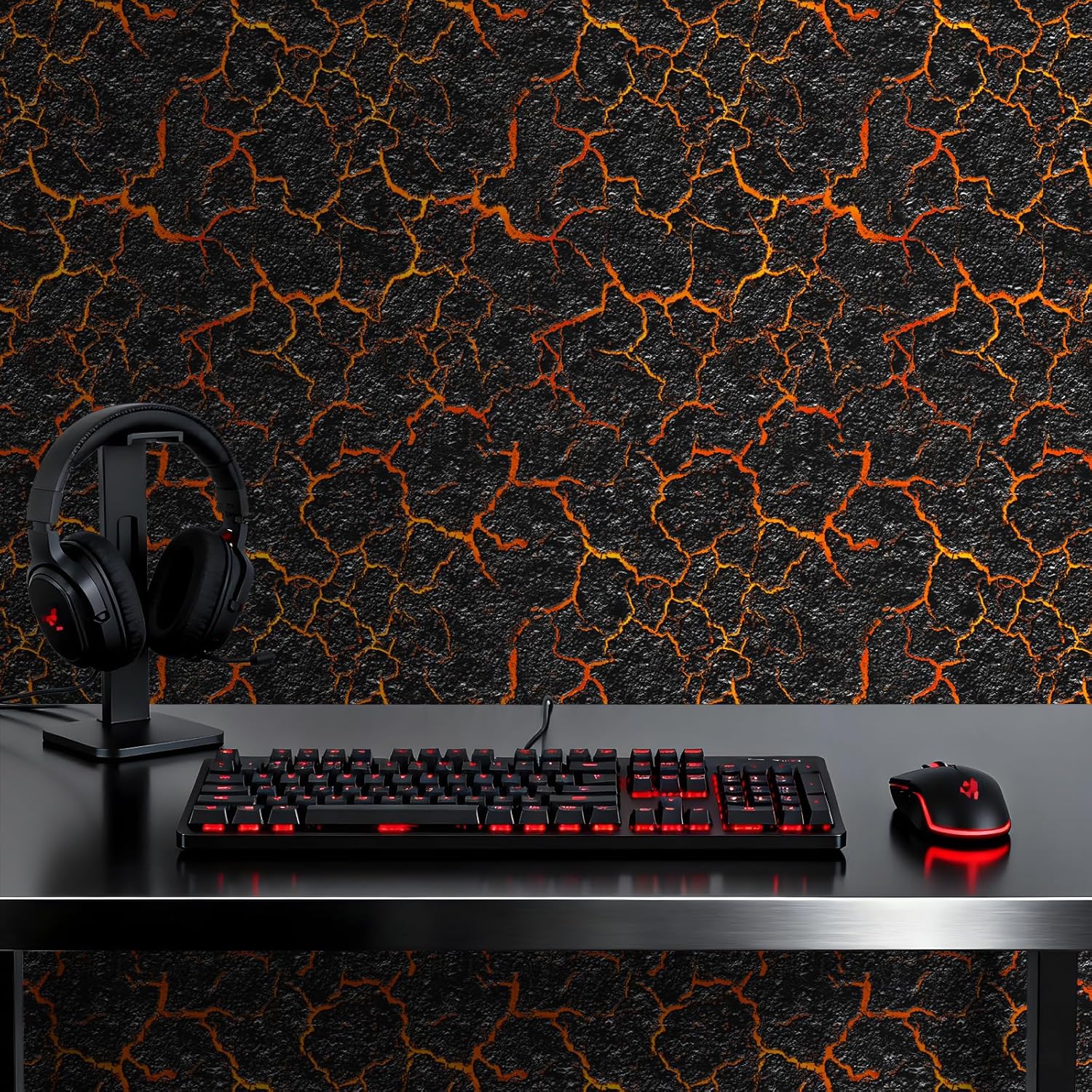 Lava Crack Wallpaper Peel and Stick - 17.3"x480" Volcanic Texture with Glowing Fissures, Self-Adhesive Vinyl for Accent Wall, Game Room, Feature Wall, Waterproof & Easy Install