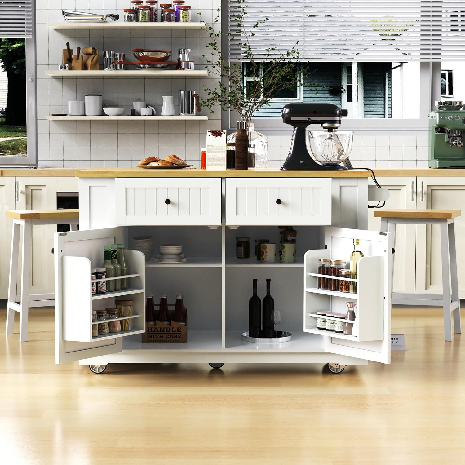 HY_48 inch Large Kitchen Island with Drop Leaf,Power Outlet,Internal Storage Rack,Rolling Kitchen Storage Cart on 5 Wheels with 5 Open Side Racks for Kitchen,Dining Room. (White)