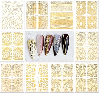 MWOOT 10 Sheets Laser Gold Snakeskin Nail Art Stickers Decals, 3D Self-Adhesive Nail Stickers Leopard Print Designs, DIY Nail Art Decals Manicure Supplies for Women Acrylic Nail Art Decorations