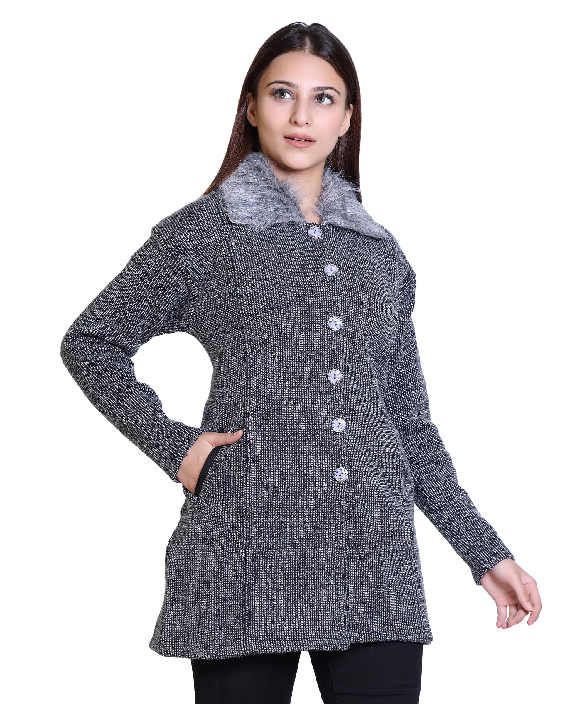 Dripfit Women Woolen Checked Coat with Fur Collar | Winter Wear Super Soft Coat Cardigan for Women