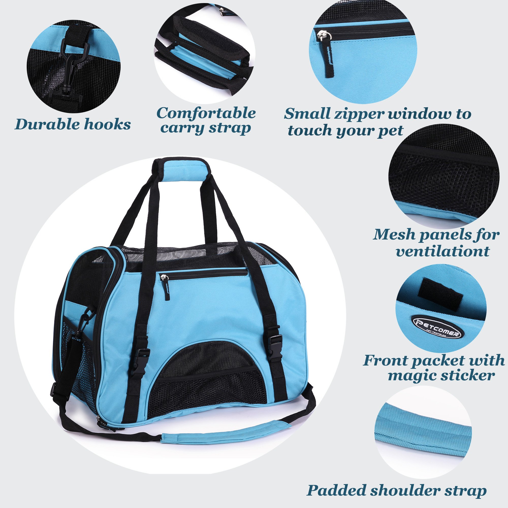 Cómodo Bolso de Hombro Portador de Viaje con Estera y Lados Suaves, Aprovado por la Aerolínea para Mascotas Perros y Gatos, Azul Claro