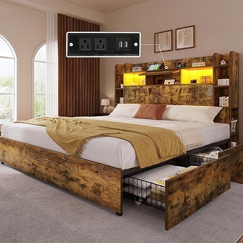 YITAHOME King Bed Frame with Bookcase Headboard and 4 Storage Drawers, RGB LED Bed Frame with Type-C & USB Charging Station Storage Headboard Bed Frame, No Box Spring Needed, Noise Free, Rustic Brown