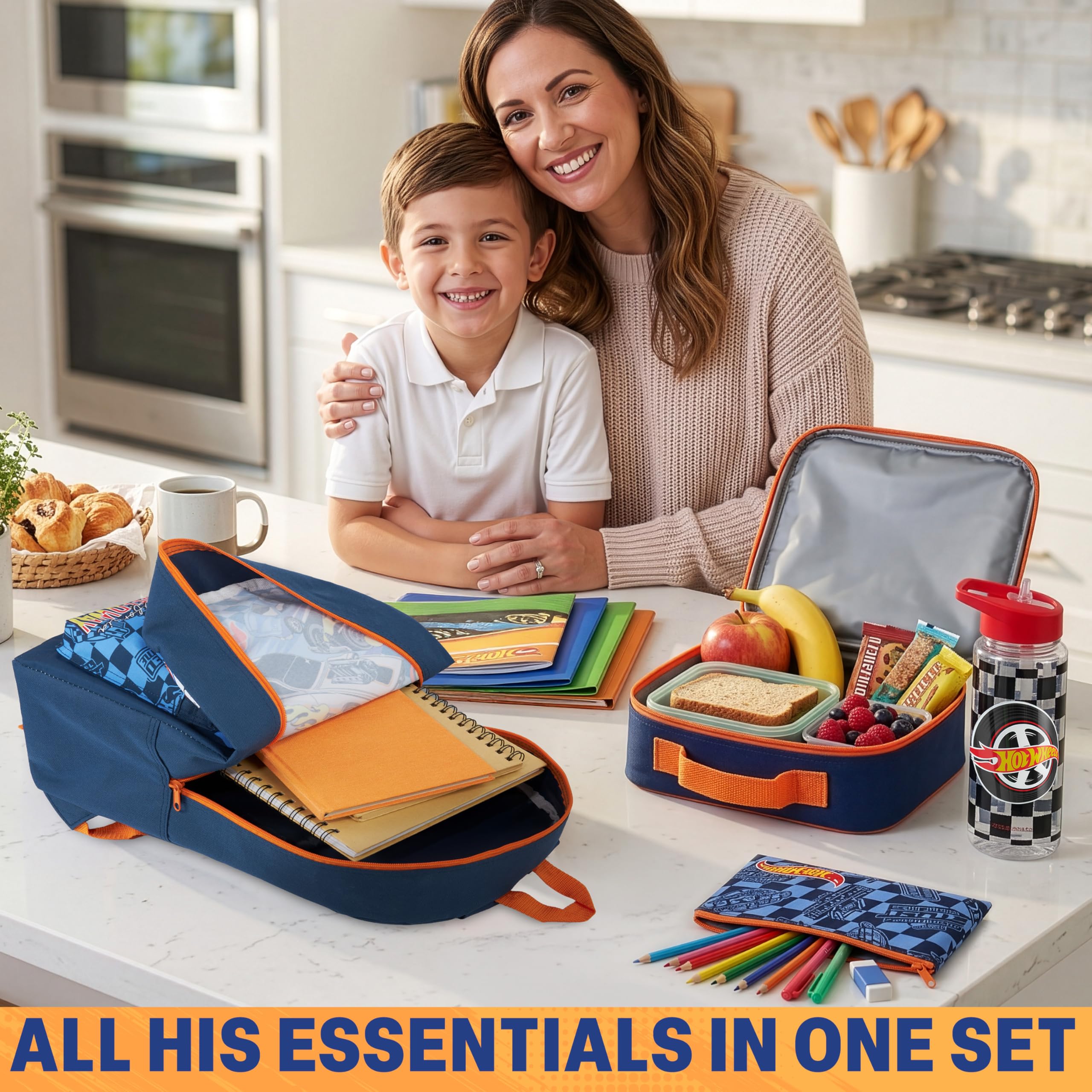 Get Trend Hot Wheels Sac a Dos Garcon Set, 4 Pcs Cartable Enfant Gourde 500 ML Sac Isotherme Repas Enfant et Trousse Scolaire (Multi Hot Wheels)