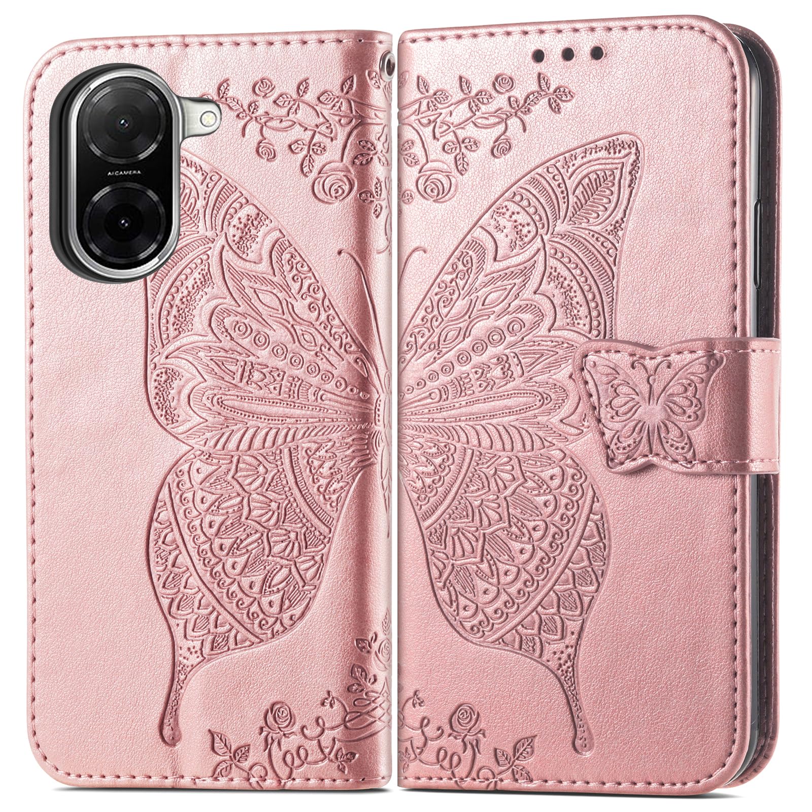 Handyhülle Für Redmi A5 – Klapphülle Mit Schmetterlingsdesign, Kartenfächern & Standfunktion, PU-Leder In Roségold