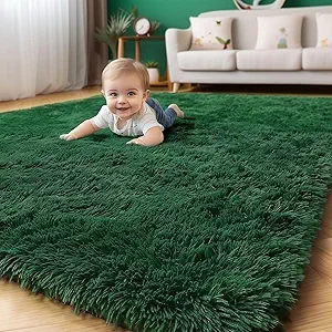 Amdrebio Dark Green Large Living Room Rug 6x9, Fluffy Area Rugs for Bedroom, Soft Fuzzy Shag Rug for Kids Playroom Dorm, Thick Big Modern Rugs for Living Room Decor, Plush Cool Emerald Green Carpet