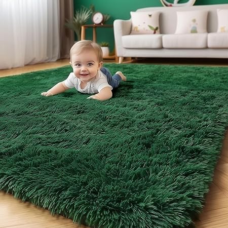 Amdrebio Dark Green Area Rugs for Living Room, 5x8, Fluffy Thick Rug for Bedroom, Soft Indoor Furry Rugs for Kids Room, Teen, Shag Modern Cool Carpet for Nursery Playroom Classroom, Emerald Green