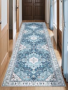 SERISSA Boho Washable Runner Rug, 2'6"x8' Non-Slip Vintage Blue Hallway Kitchen Runner Rug Ultra Soft Print Distressed Floor Carpet for Bedroom Bathroom Laundry Living Room