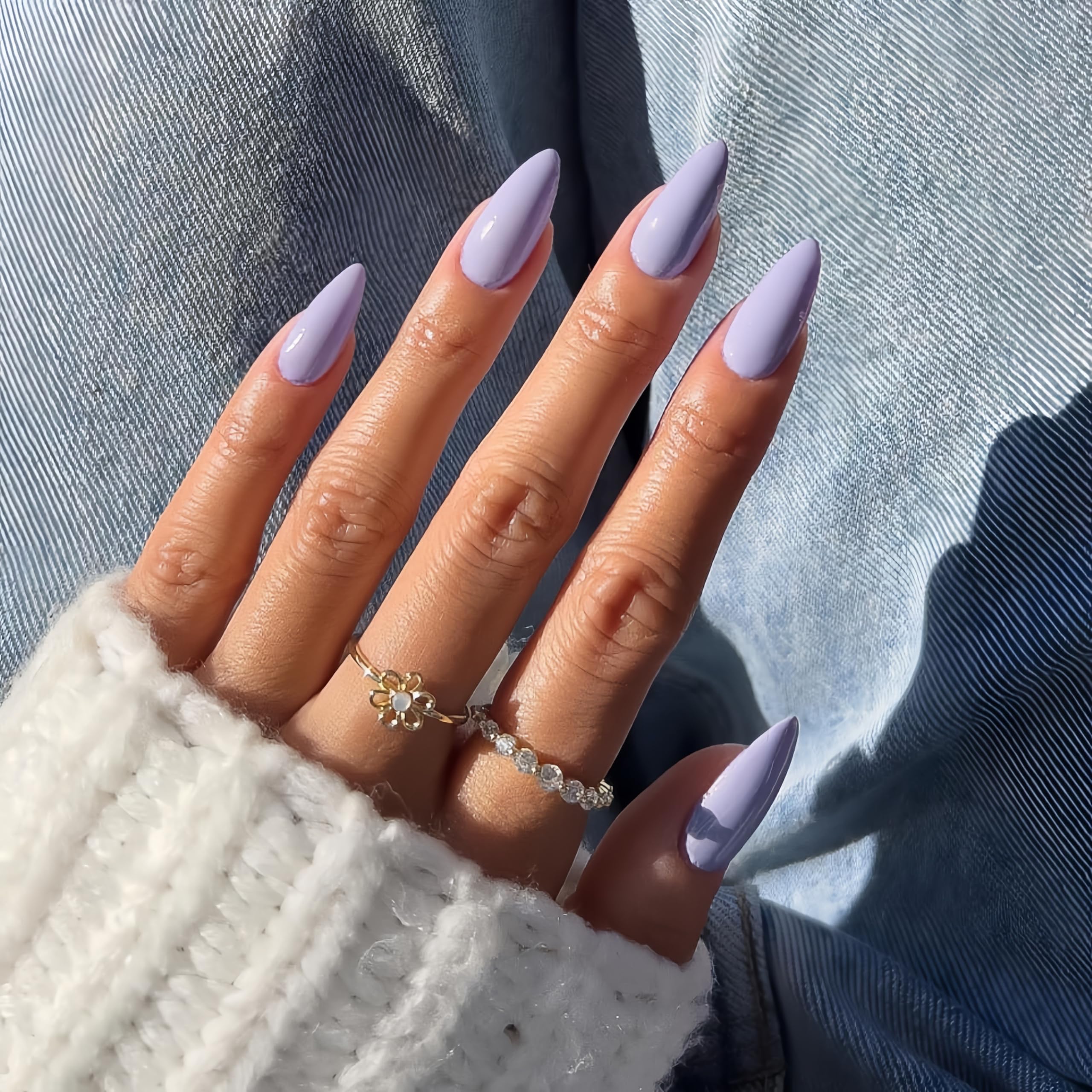 SXVME 48 Pcs Lilac Press on Nails Almond Medium Acrylic False Nails Medium Stiletto Natural Fake Nail Set Elegant Solid Color Full Cover Glossy Gel Stick on Nails for Women Daily Wear