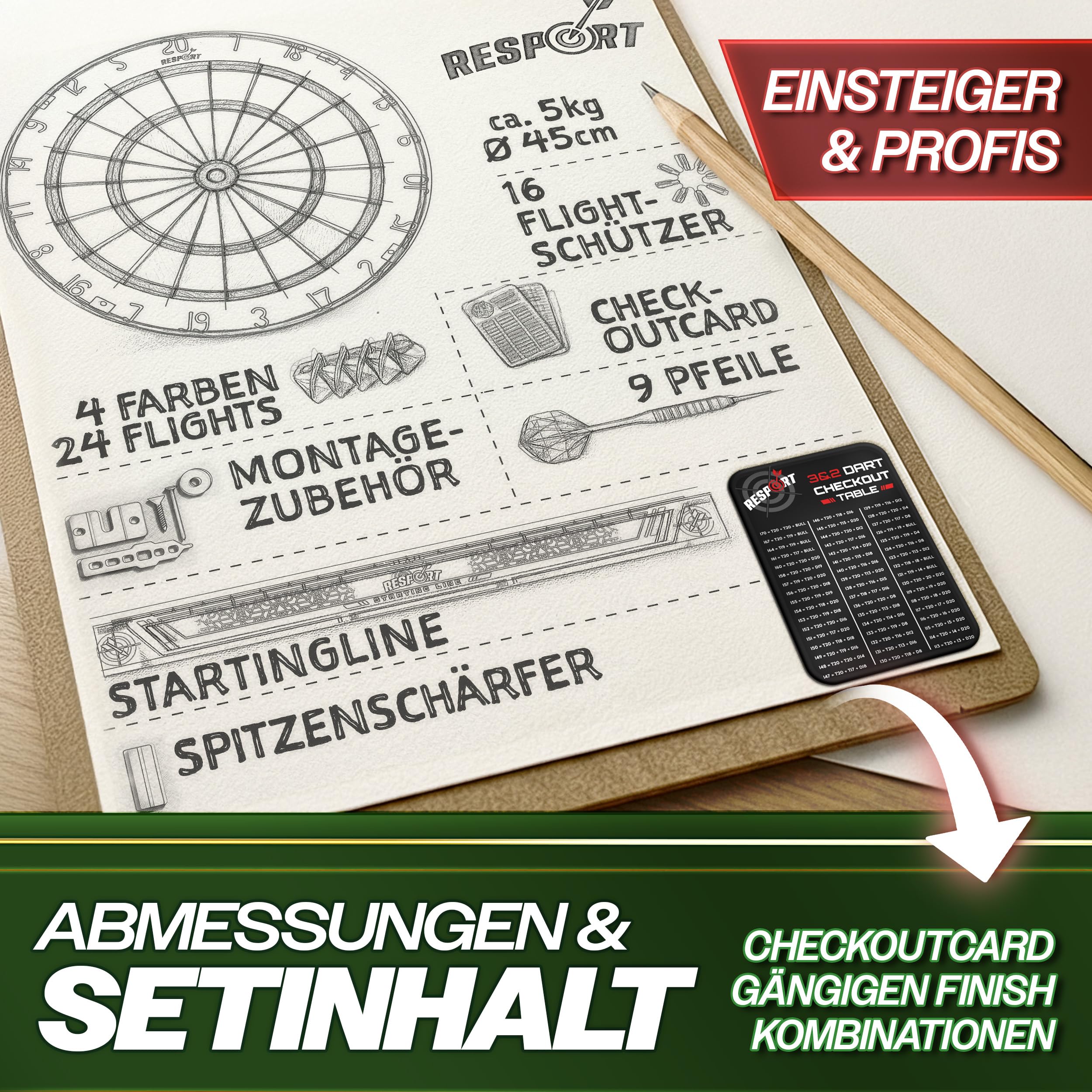 RE:SPORT® Sisal Premium Dartscheibe XXL Set mit 9 Profi Dartpfeile + 24 Pro Flights + Zubehör | Steeldart Dartboard mit Montageset | Steeldartscheibe mit Pfeilen Startlinie