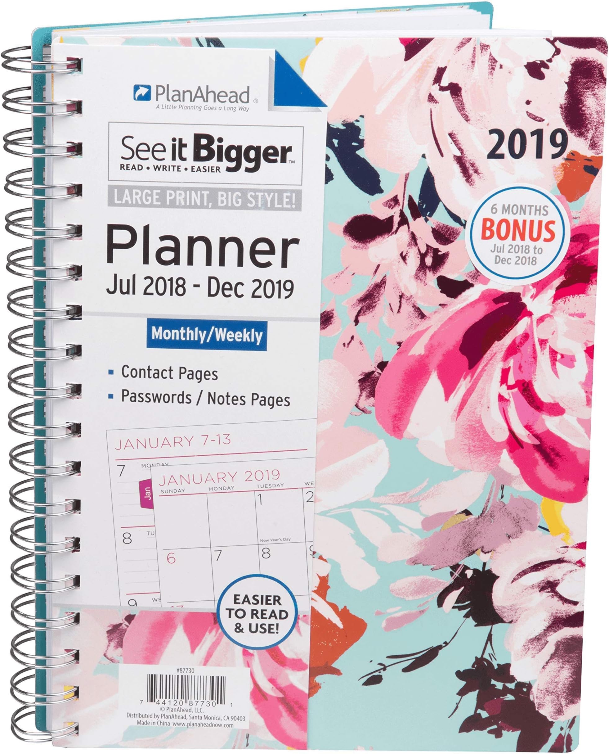 PlanAhead 2019 Academic Planner- See it Bigger 18 Month Agenda- Daily, Weekly and Monthly Planner 8.5" x 11" (Assorted Colors)