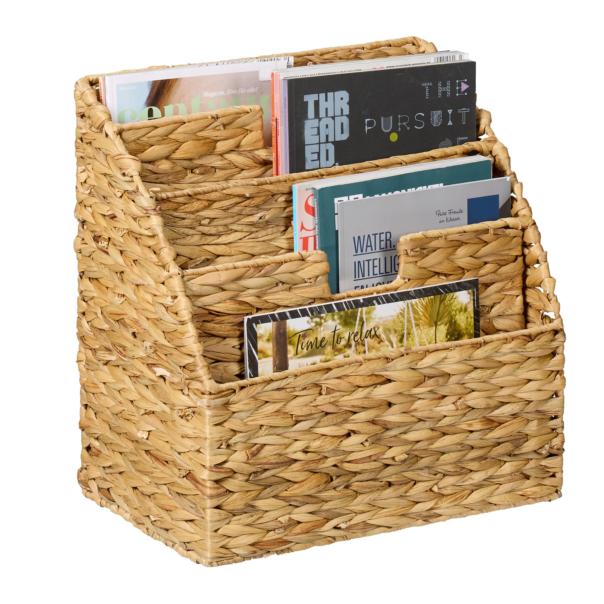 Relaxdays Revistero Suelo Jacinto de Agua Trenzado 34x34x20 cm 4 Compartimentos Natural