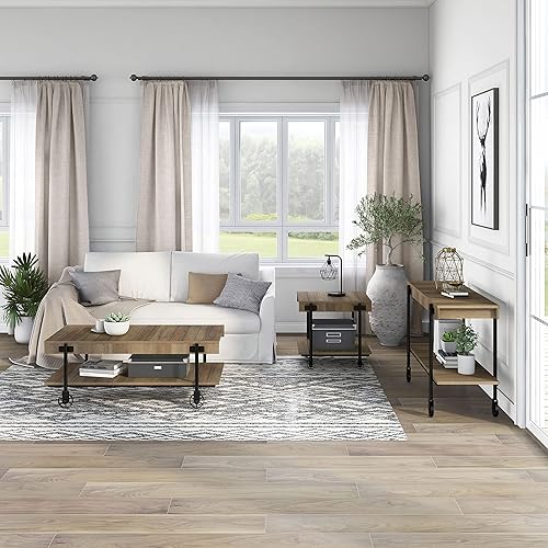 Miniatura 19 de Furniture of America Cleon Industrial - Juego de mesa de sofá y mesa de sofá con ruedas para sala de estar, color negro y roble rústico (3 piezas)