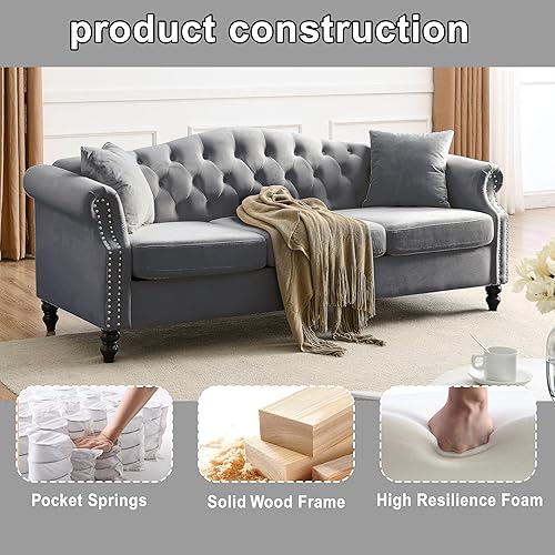 Miniatura 6 de Chesterfield - Juego de 2 sofás modernos de terciopelo gris de 79 pulgadas de 3 plazas, sofá combinado con 4 almohadas, respaldo curvado recortado y