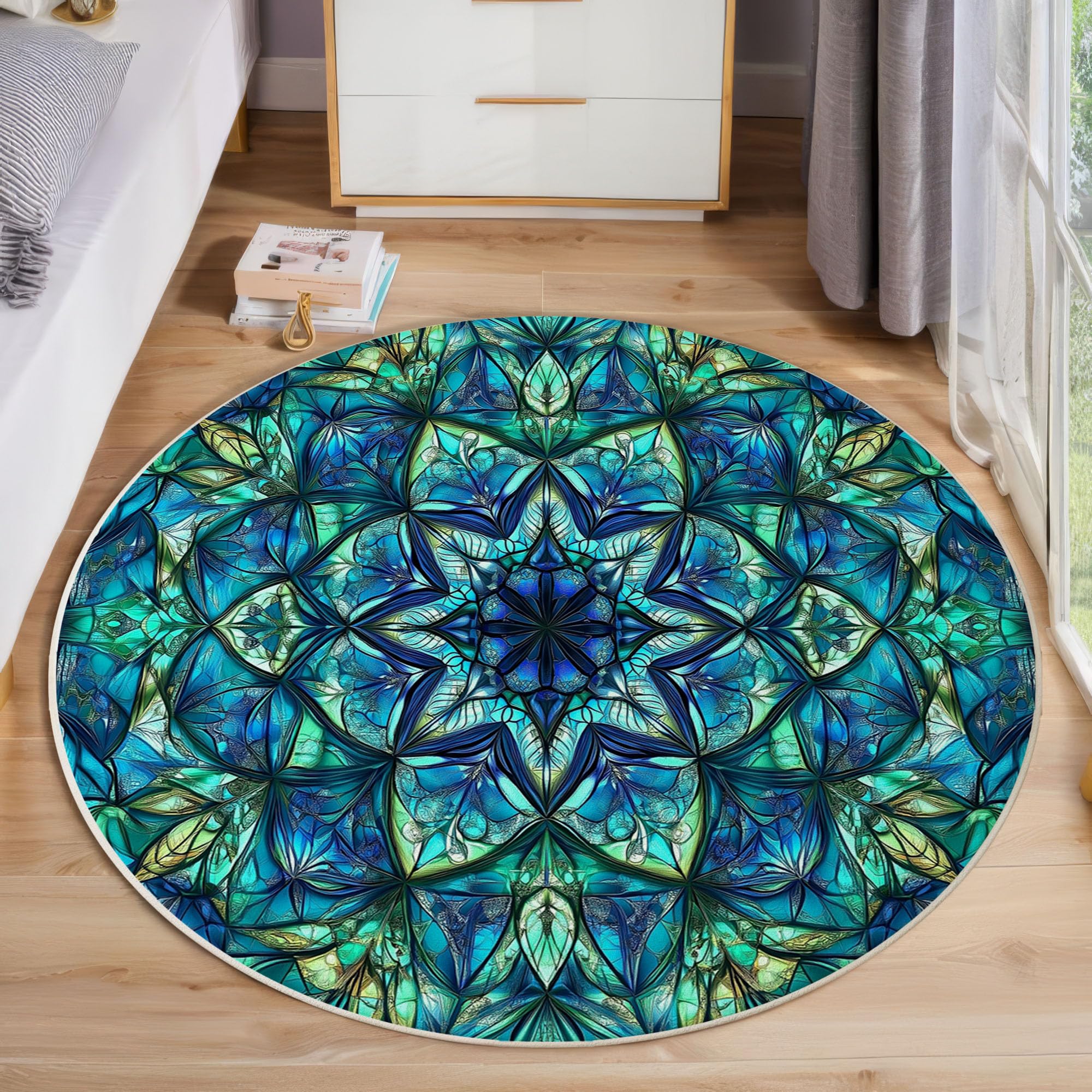 Tapis Rond Mandala Kaléidoscope 180 cm, Tapis à Poils Courts Vitraux Lavable en Machine Antidérapant Décoratif Rond pour Salon Chambre Salle à Manger, Vert