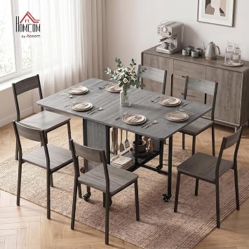 HOMCOM Mobile Drop Leaf Table for 4-6 with Storage Shelf, Grey