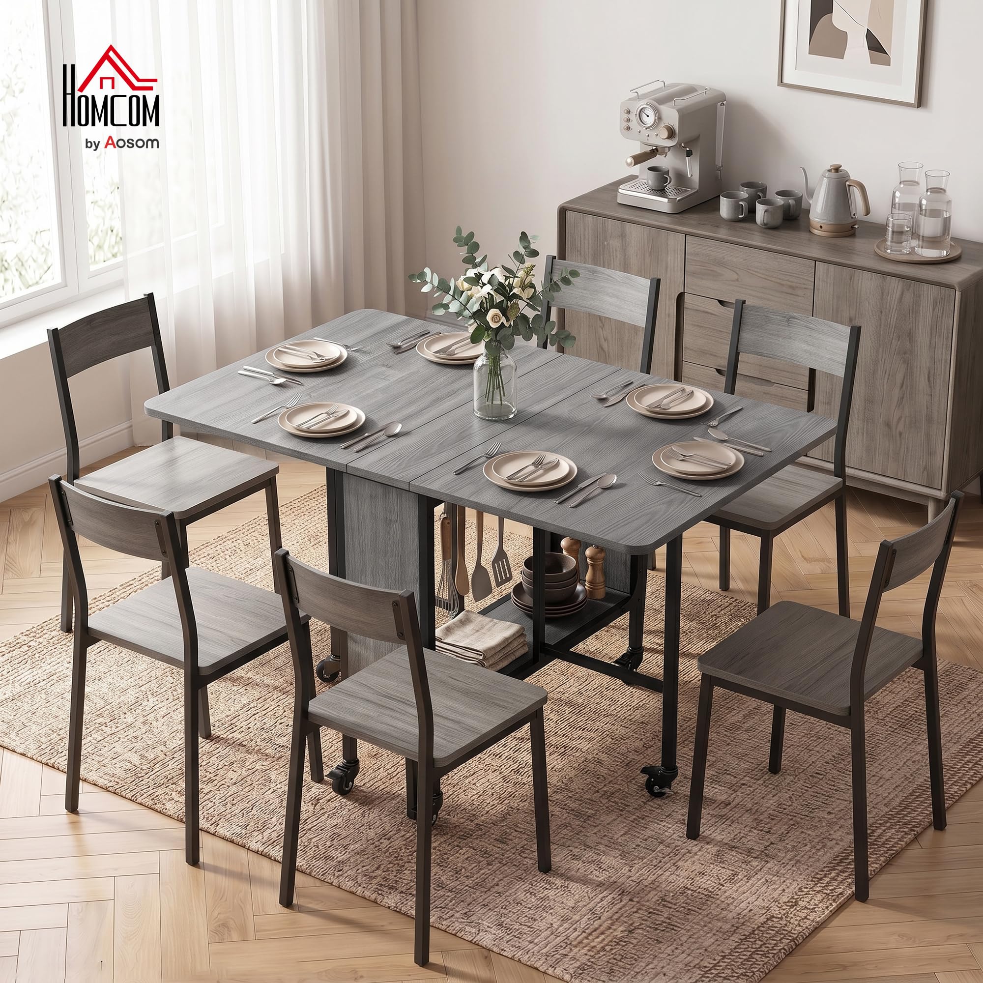 HOMCOM Mesa de Comedor Plegable, Mesa de Cocina Rectangular Plegable, Mesa Extensible con Ruedas para hasta 6 Personas, 6 Ruedas y Estante Integrado, para Espacios pequeños, Comedor, Gris | Mesa de cocina extensible con diseño plegable, estante de almacen