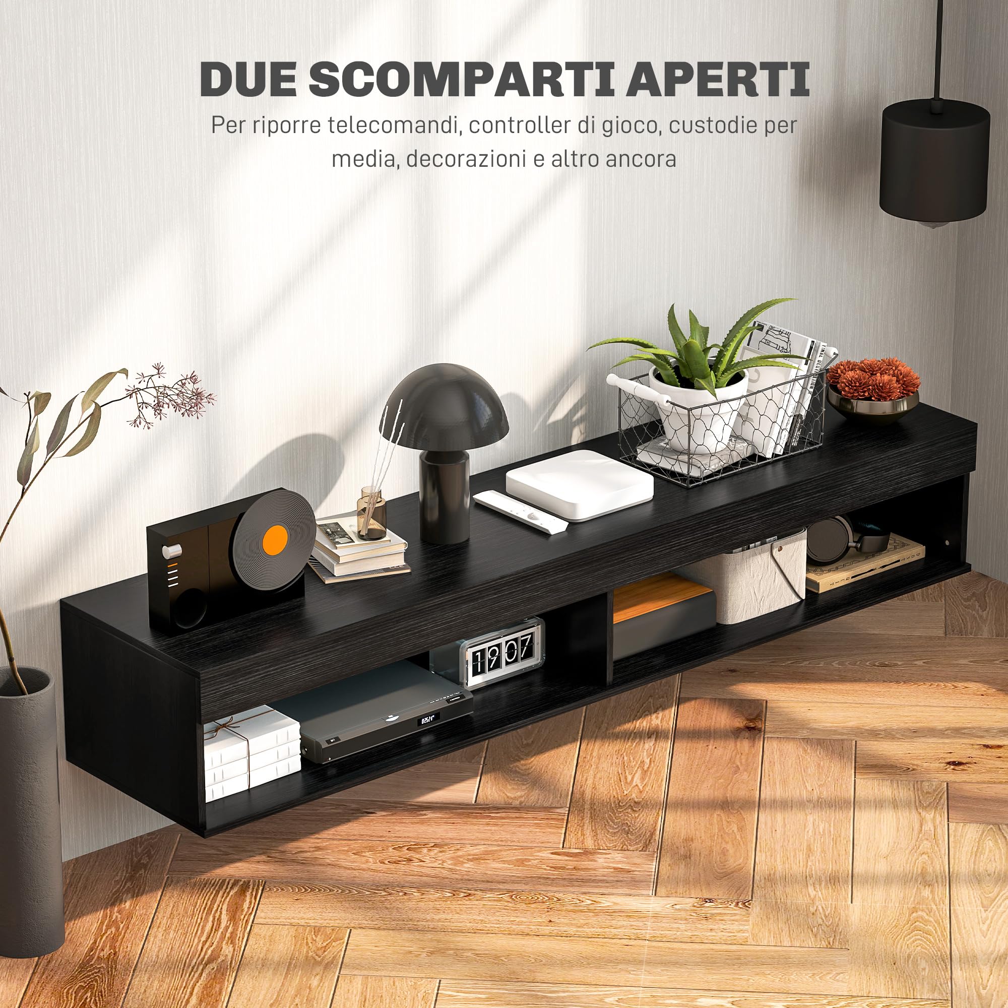 HOMCOM Mobile Porta TV fino 75" Sospeso con Luci LED 16 Colori e Modalità Regolabile con Telecomando, Mobile TV Sospeso in Legno, 180x40x30 cm, Nero