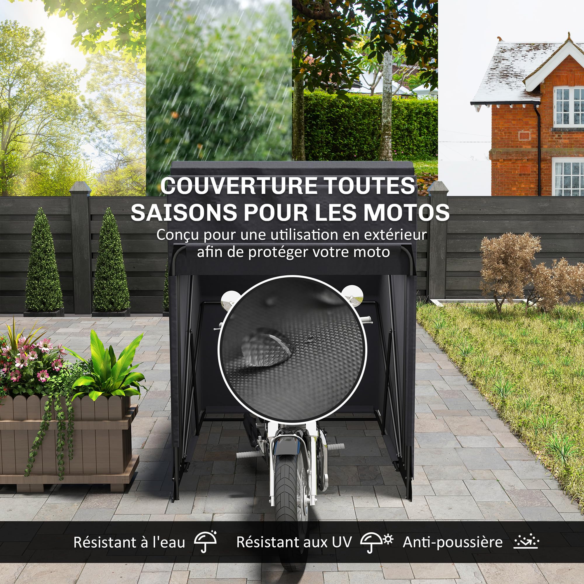 Outsunny Abri de Moto extérieur Tente à Moto Pliable de 345 x 135 x 191 cm avec Housse de Protection en Tissu Oxford, imperméable Anti-UV, 2 fenêtres enroulables, Rangement Garage extérieur, Noir