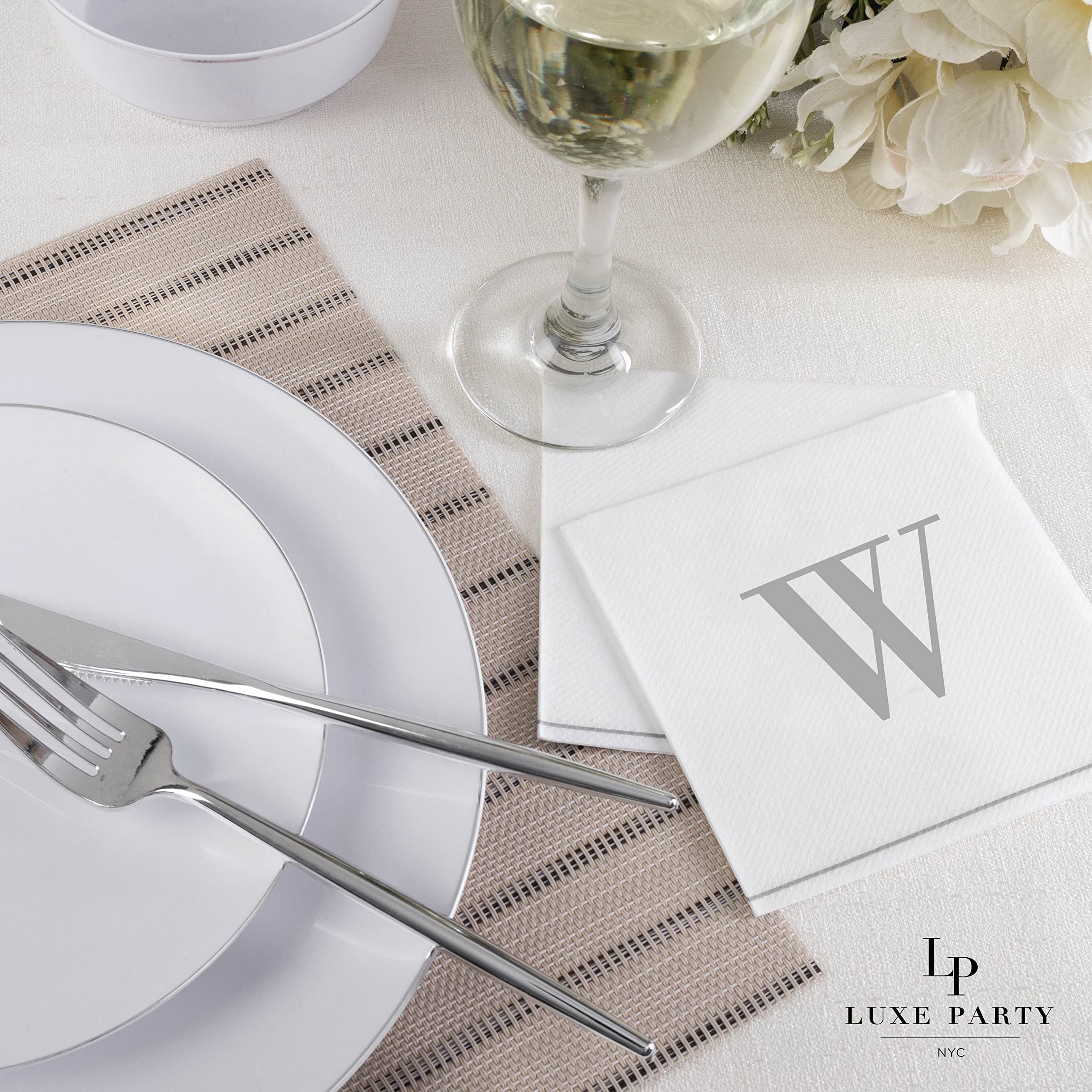 Luxe Party Confezione da 112 tovaglioli da cocktail monogram, lettera W iniziale, usa e getta, di alta qualità, in lino, decorativo, bianco e argento