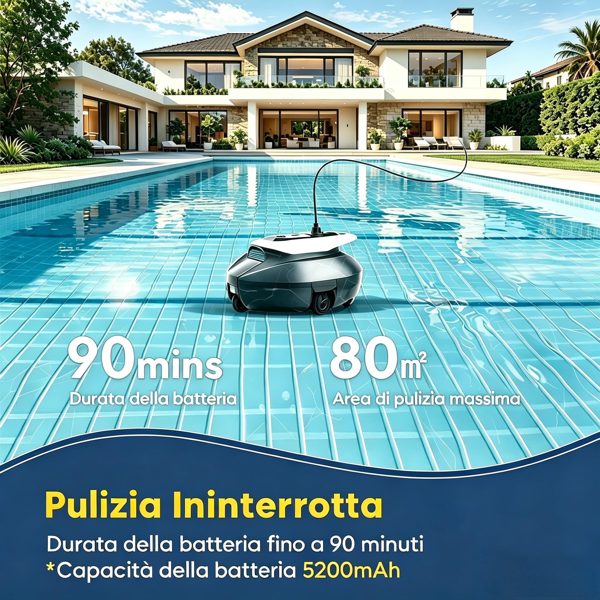 Robot Piscina Pooleco 10s, Robot Pulitore per Piscina Senza Fili 90min, Controllo Via Applicazione e a Distanza, Auto-Parking, per Tutte Le Superfici di Piscine Fuori Terra e Interrate Fino a 80㎡