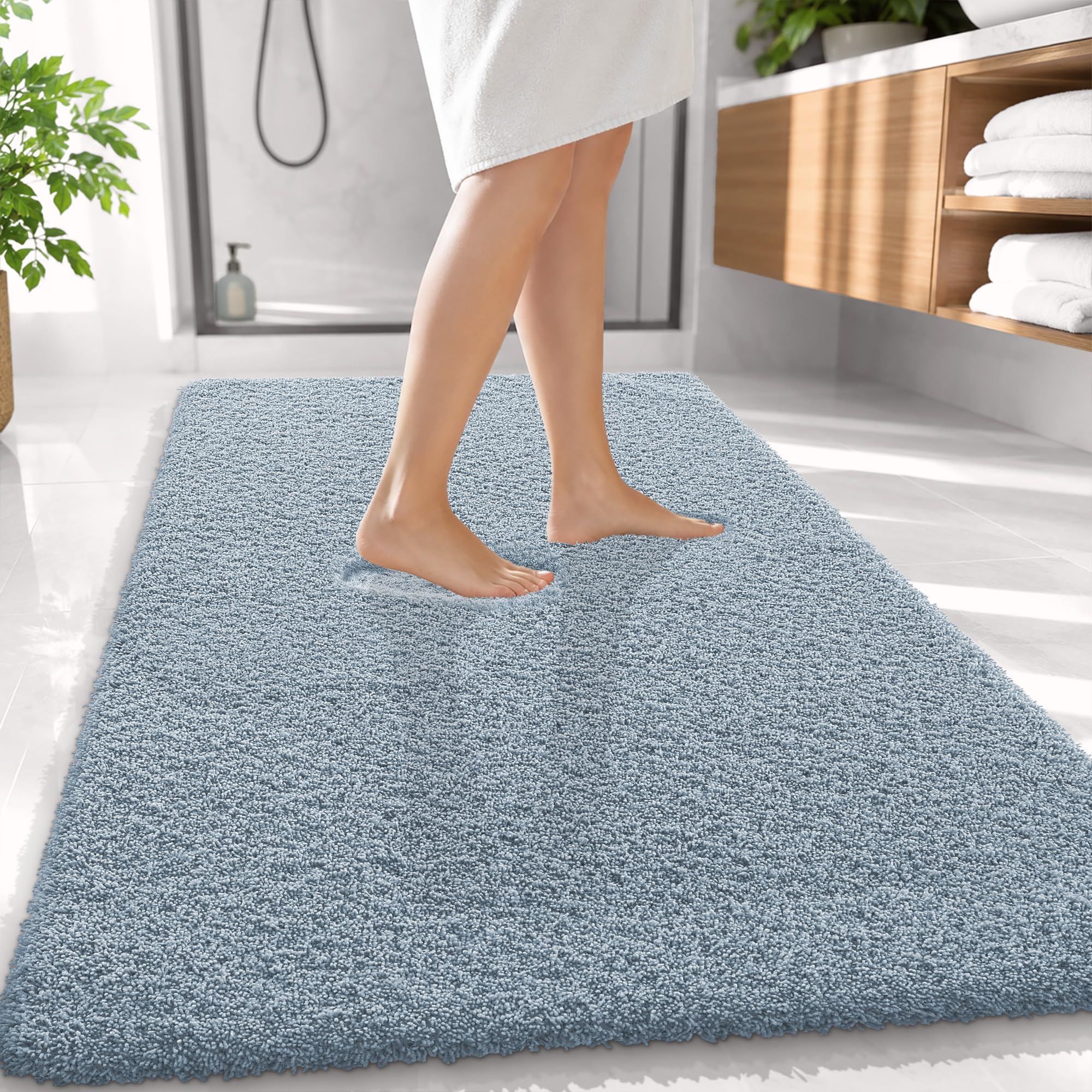 OLANLY Microfiber Large Bathroom Rugs 59x35, Soft Bath Mat, Airy Blue