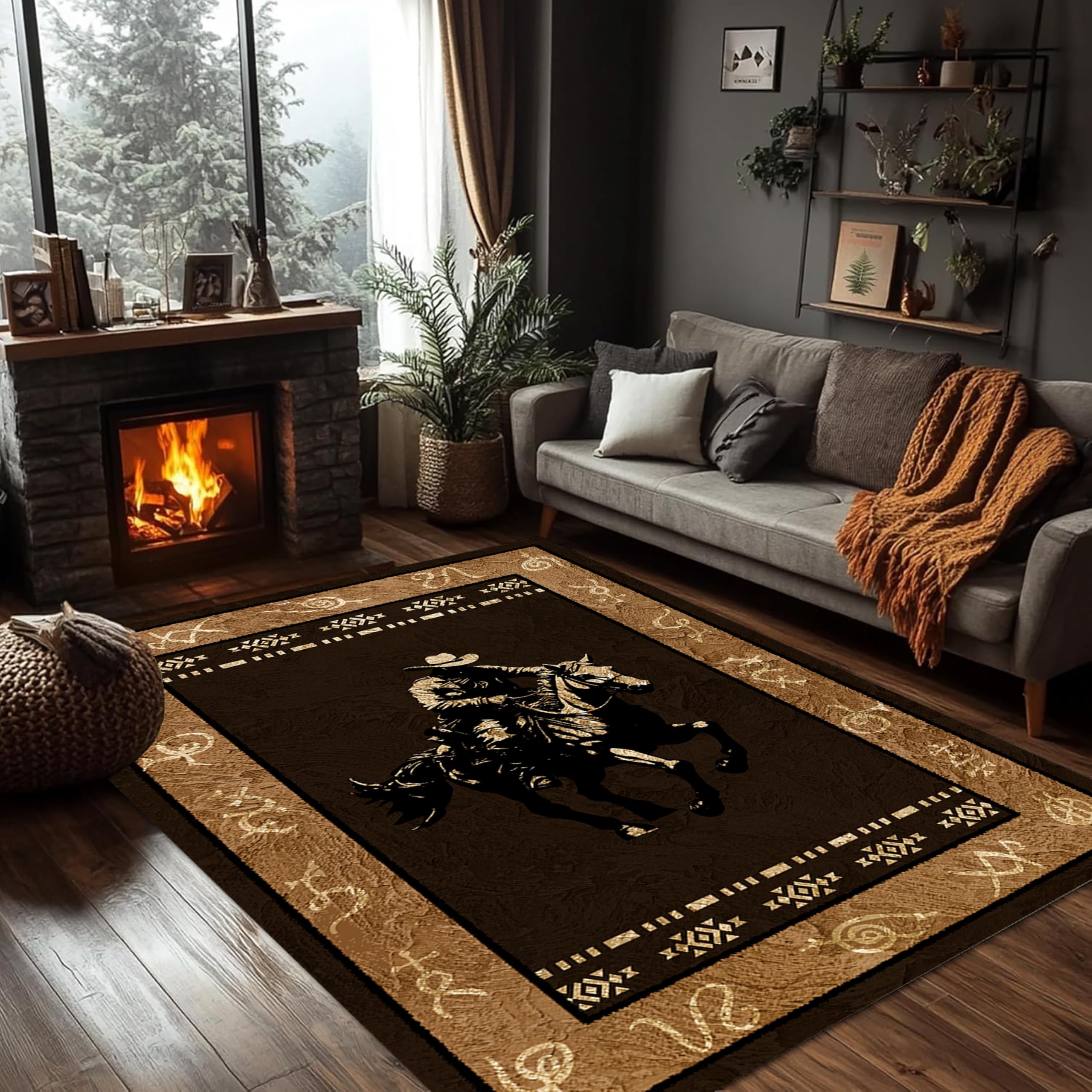 PDENZG Western Cowboy Living Room Area Rug,100x150cm,Southwestern Tribal Native American Indian Individual Rugs, Western Aztec Rug,Farmhouse Washable Rugs, for Living Room Bedroom Dining Carpet