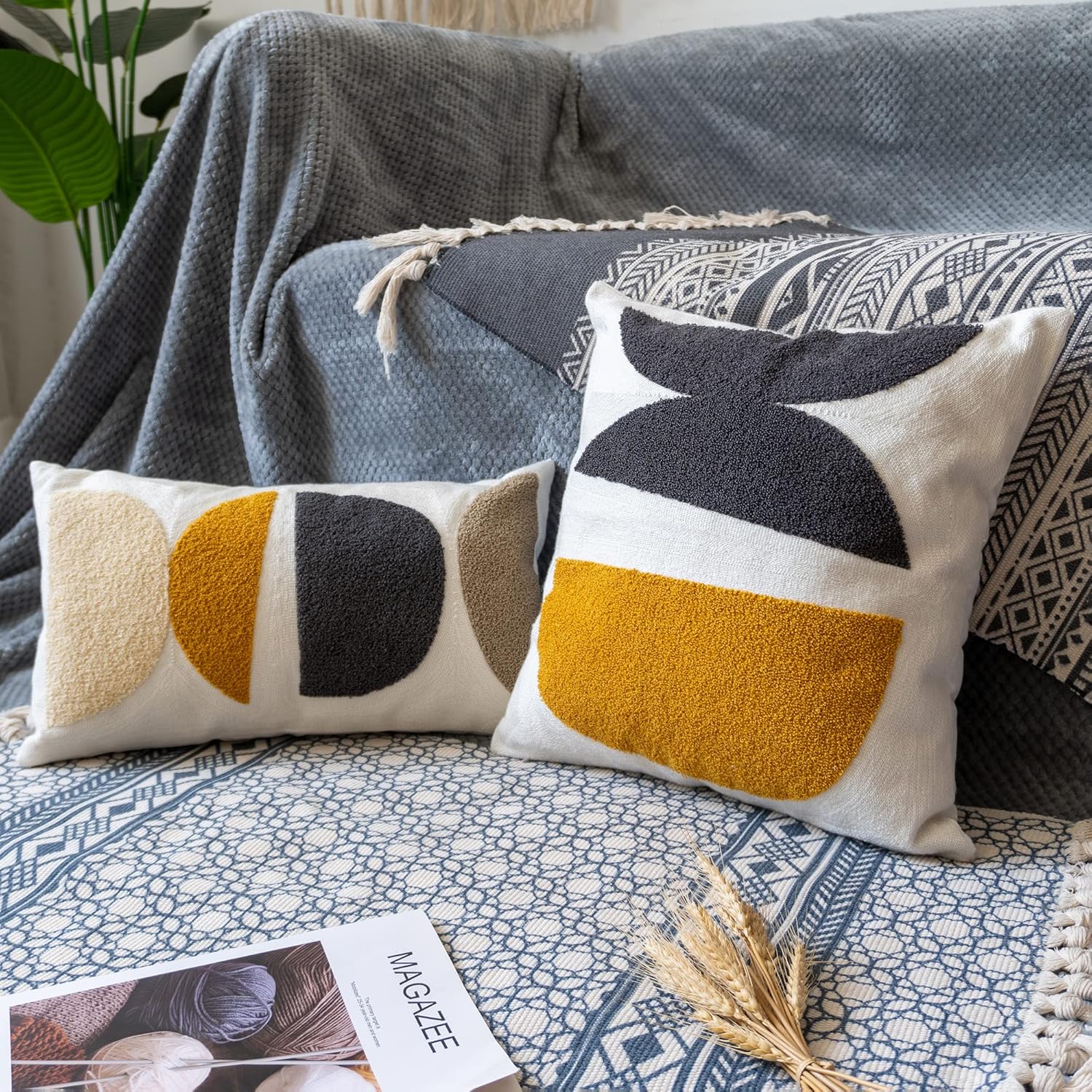 Boho Lumbar Decorative Pillow Cover, Abstract Geo Throw Pillowcase for Retro Mid Century Accent Decor, Modern Rectangle Textured Home Bed Couch Sofa Cushion Sham 12x20, 1PCS(Black Mustard)
