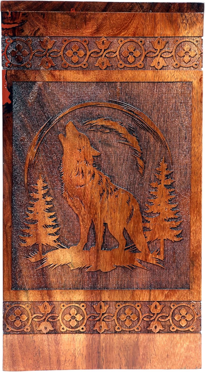 Handmade Wooden Wolf Urn for Human Ashes – Large Adult Cremation Urn with Carved Wolf Design | Engraved Burial Funeral Urn for Mother, Father & Loved Ones – Home or Memorial Display