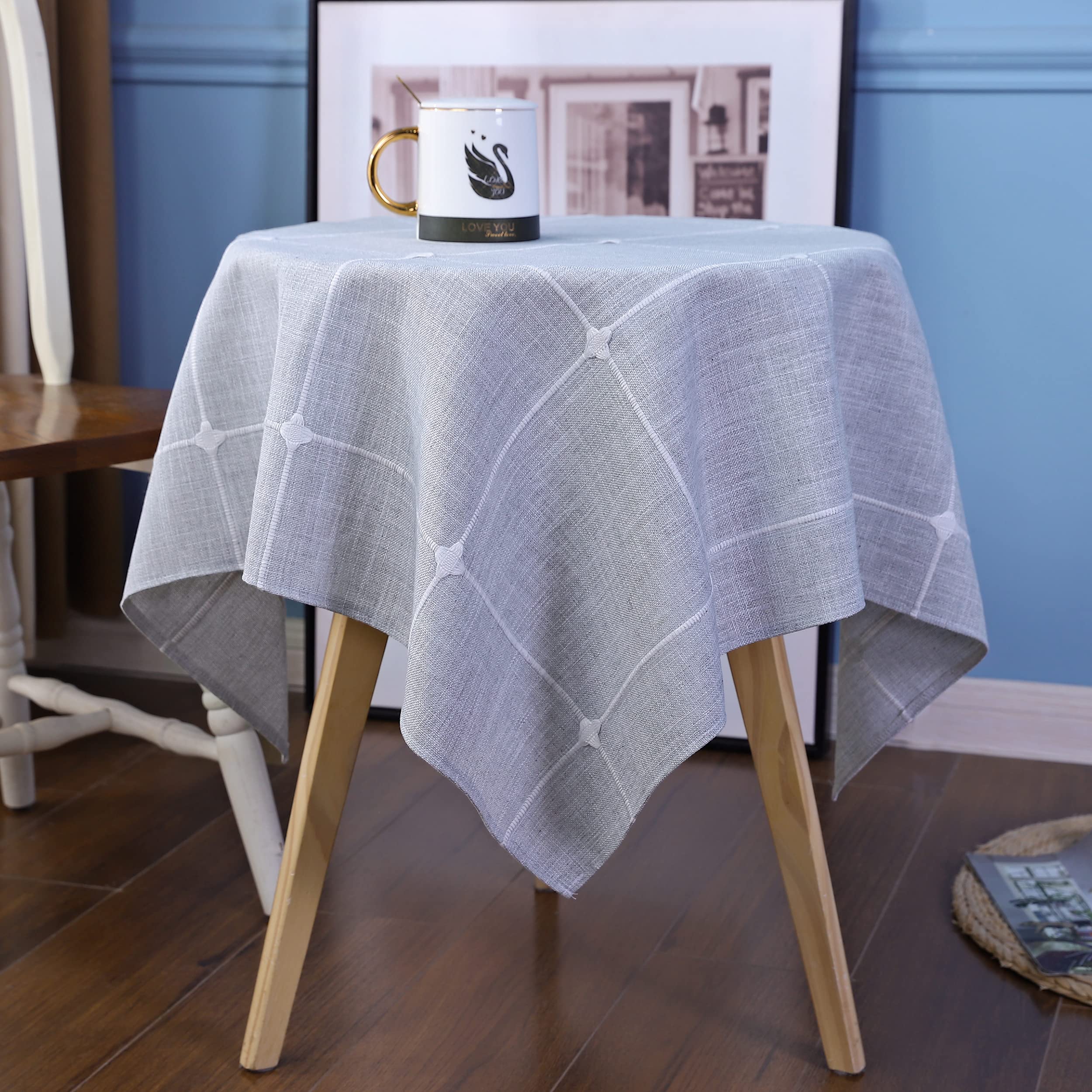 QsyyHome Lattice Small Square Tablecloth Rustic Embroidery Cotton Linen Fabric Grey Checkered Table Cover Tablecloths for Kitchen Dining Party Tabletop Decoration 36 x 36 inches