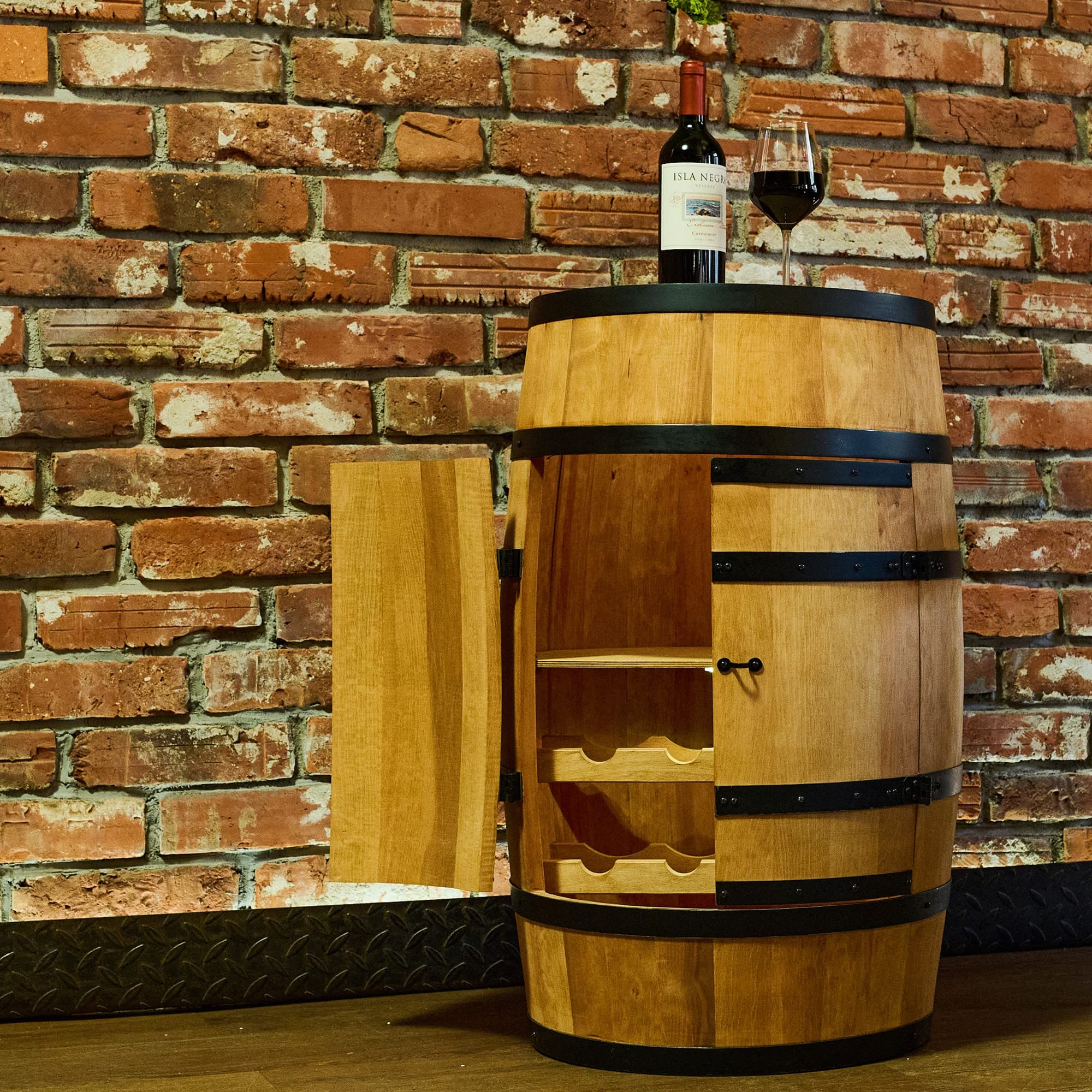CREATIVE COOPER Tonneau à vin avec porte, chaise longue et étagère - Armoire à alcool - Étagère à bouteilles - Tonneau en bois - Meuble à vin - Étagère à vin - Casier à vin - 80 cm - Chêne
