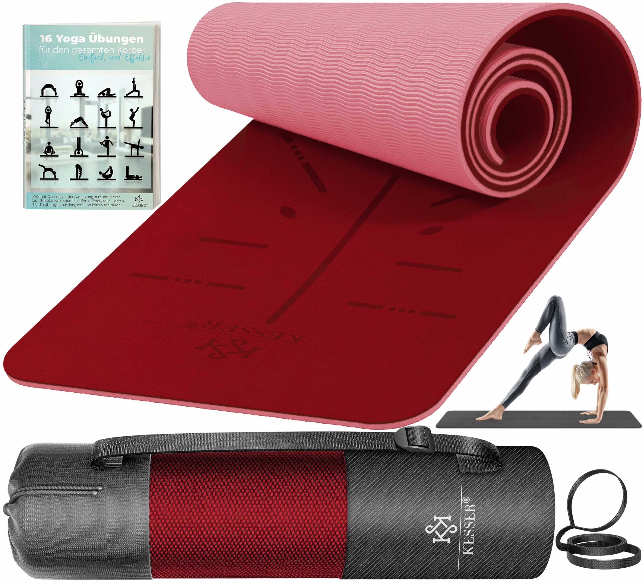 KESSER® Esterilla de gimnasia con correa de transporte, esterilla de yoga de TPE, acolchada y antideslizante, 183 x 61, esterilla de para deportes de fitness, Pilates y gimnasia