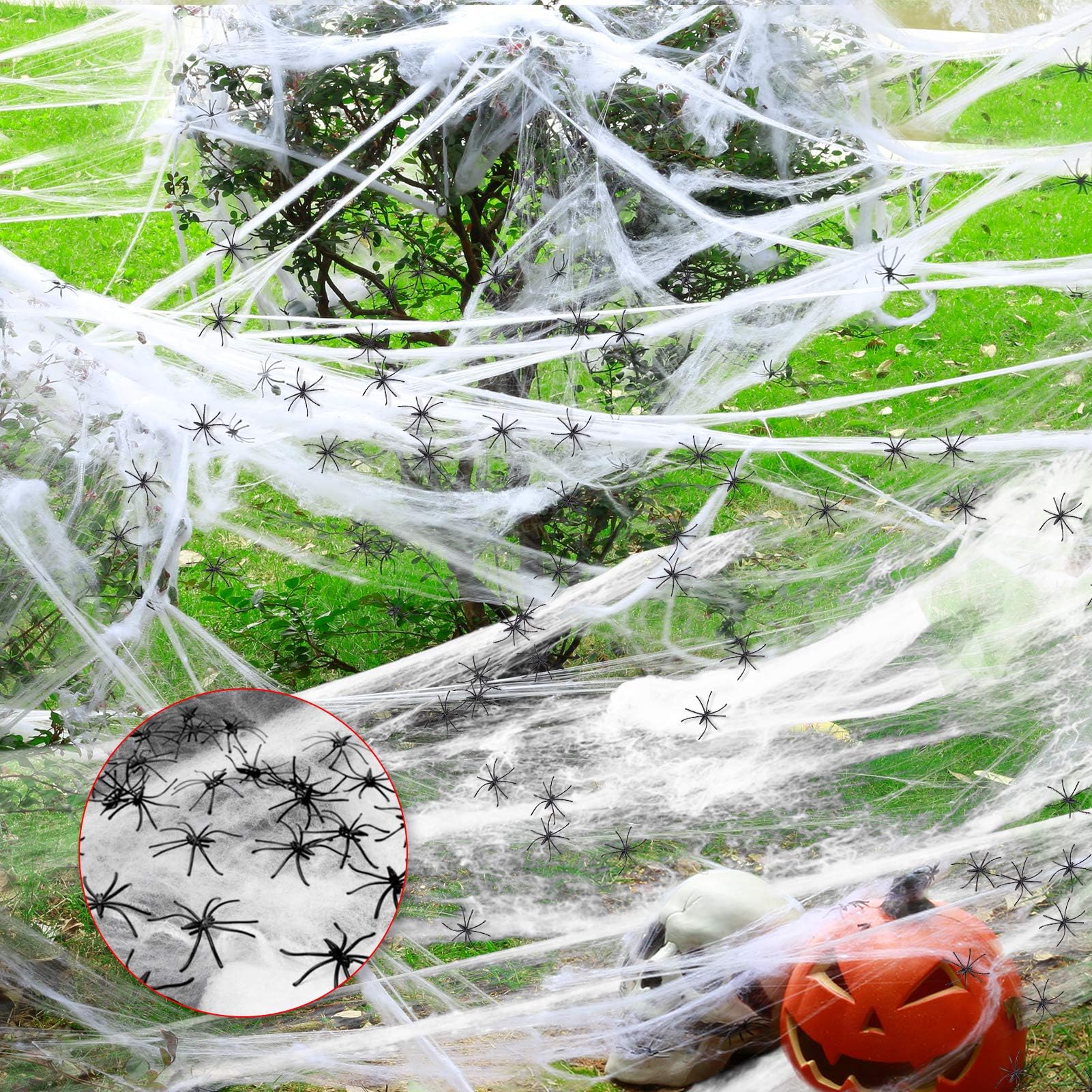 1000 Sqft Halloween Spider Web Decorations With 100 Fake Spiders, Super Stretch Cobwebs Decor, Haunted House Yard Creepy Scene Props for Indoor Outdoor Decor and Party Supplies