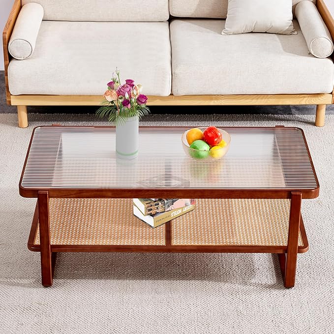 Rattan Coffee Table,Rustic Style Wooden Coffee Table,Rectangular Wood Coffee Table for Living Room,Glass Top Coffee Table with Imitation Rattan Storage Shelf