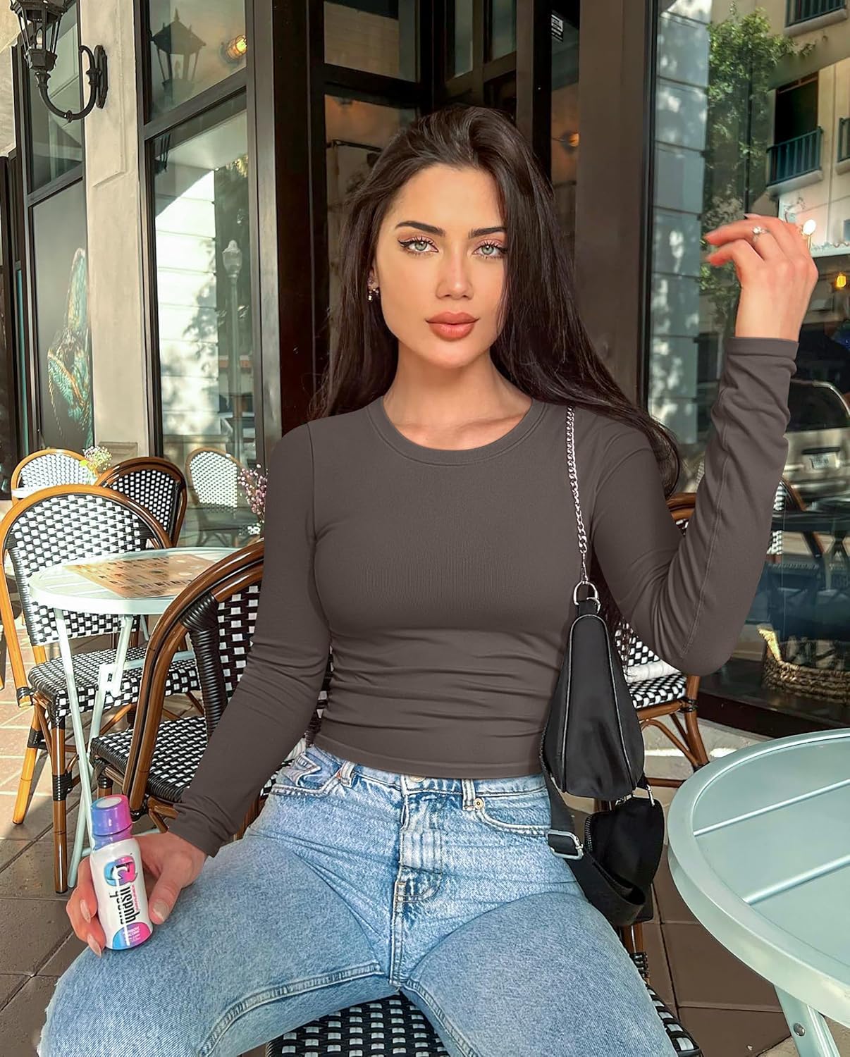 OQQ Womens 2 Piece Shirts Long Sleeve Crew Neck Ruched Stretch Basic Fitted Tee Shirts Tops - Image 2