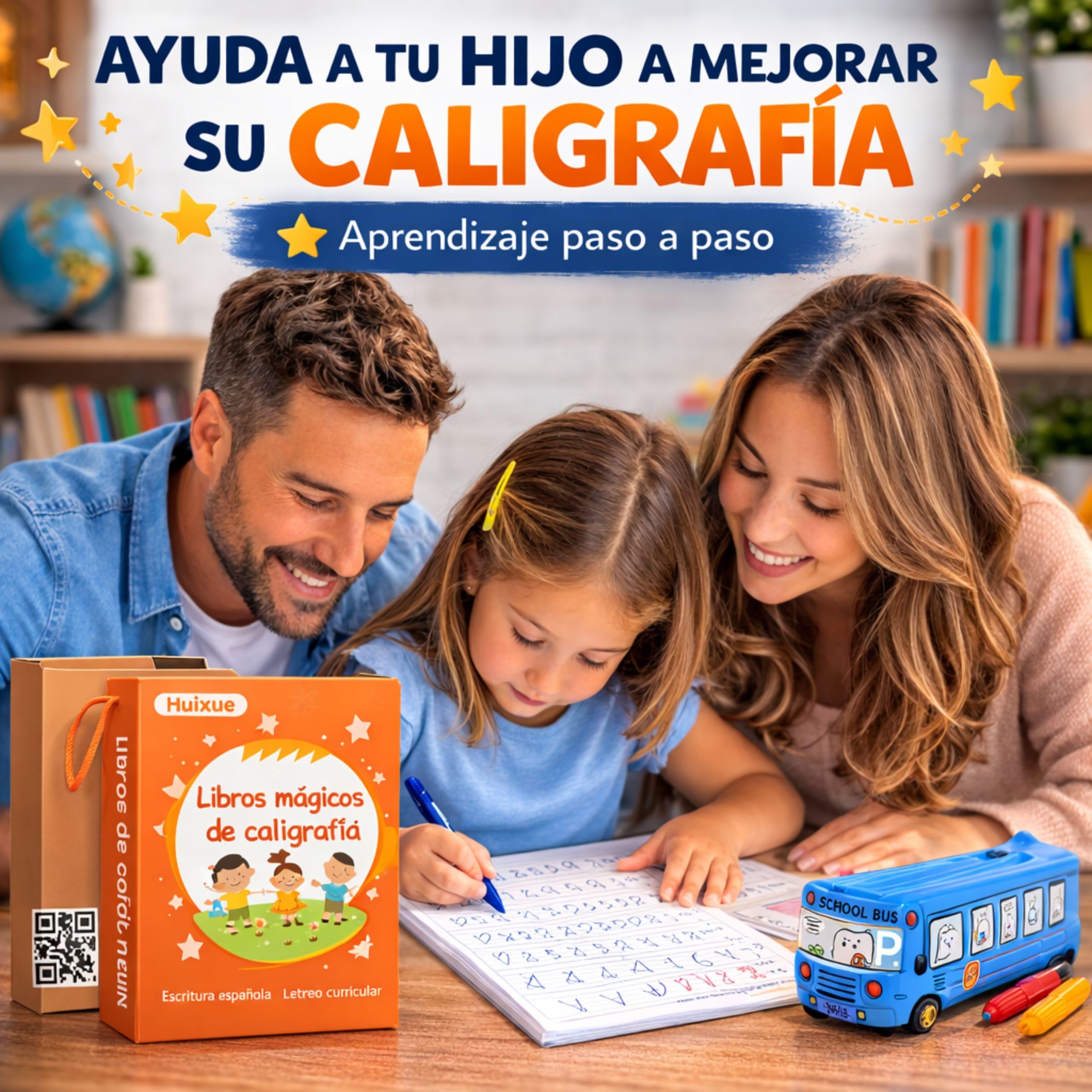 Caligrafia Niños de 4 hasta 8 Años - Cuaderno Caligrafia Infantil Aprender a Escribir y Dibujar - 5 Libros Magicos de Escritura Trazado de Lineas -Incluye Boligrafos Magicos, 20 Recambios y un Estuche